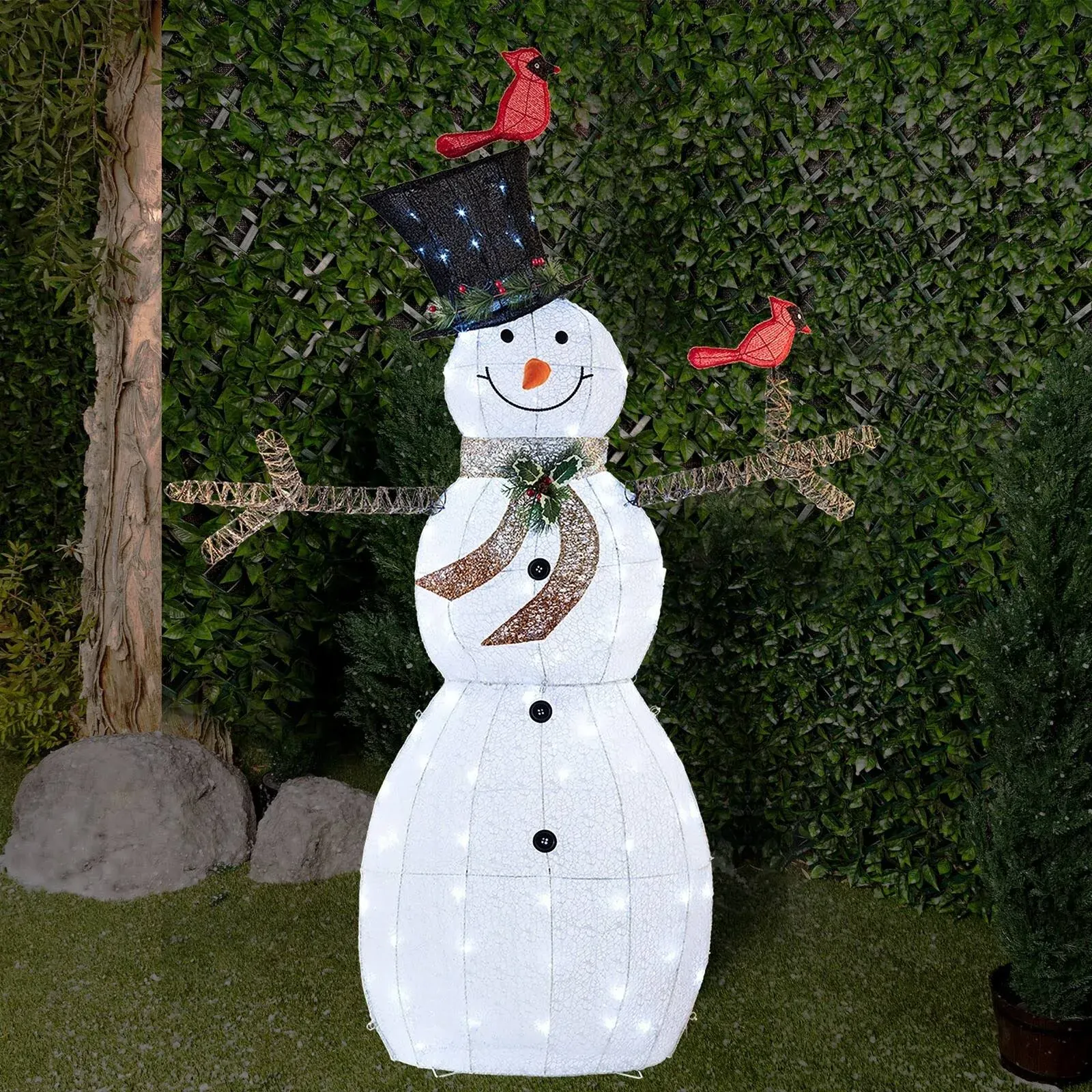 Alpine Corporation 74" H Outdoor Mesh Snowman Lawn Decoration with Red Birds and White LED Lights