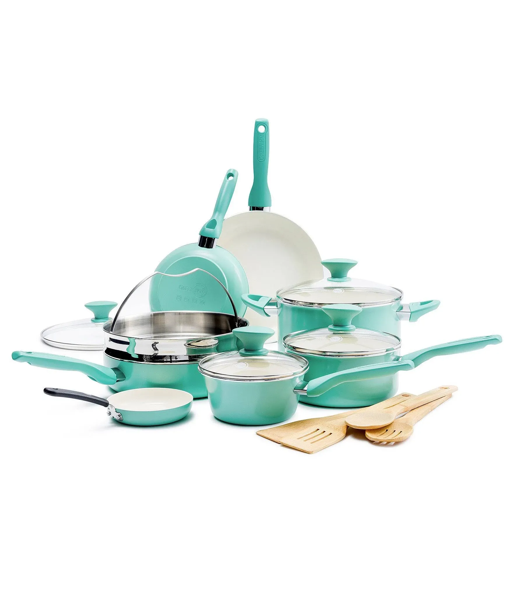 GreenPan Rio Ceramic Nonstick 16-Piece Cookware Set,Turquoise