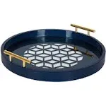 Kate and Laurel Caspen Glam Decorative Serving Tray, 15.5 Inch Diameter, Navy and Gold, Decorative Tray with Round Shape and Polished Gold Metal Handles for Storage and Display