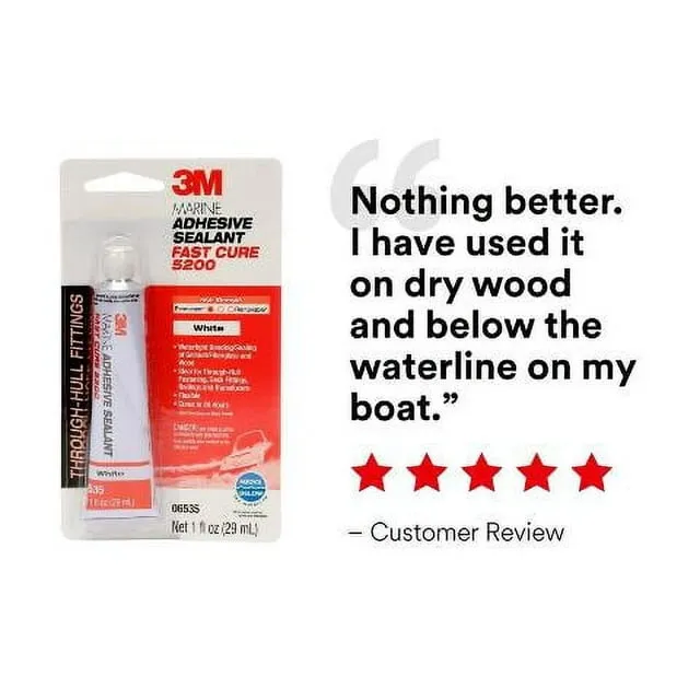 3M Marine Adhesive Sealant 5200 Fast Cure, 1 oz Tube, White, Watertight Bonding/Sealing of Gelcoat