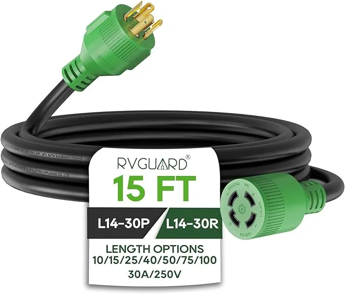 RVGUARD 4 Prong 30 Amp 15 Feet Generator Extension Cord, NEMA L14-30p/l14-30r, 125/250V Up to 7500W 10 Gauge SJTW Generator Cord, ETL Listed