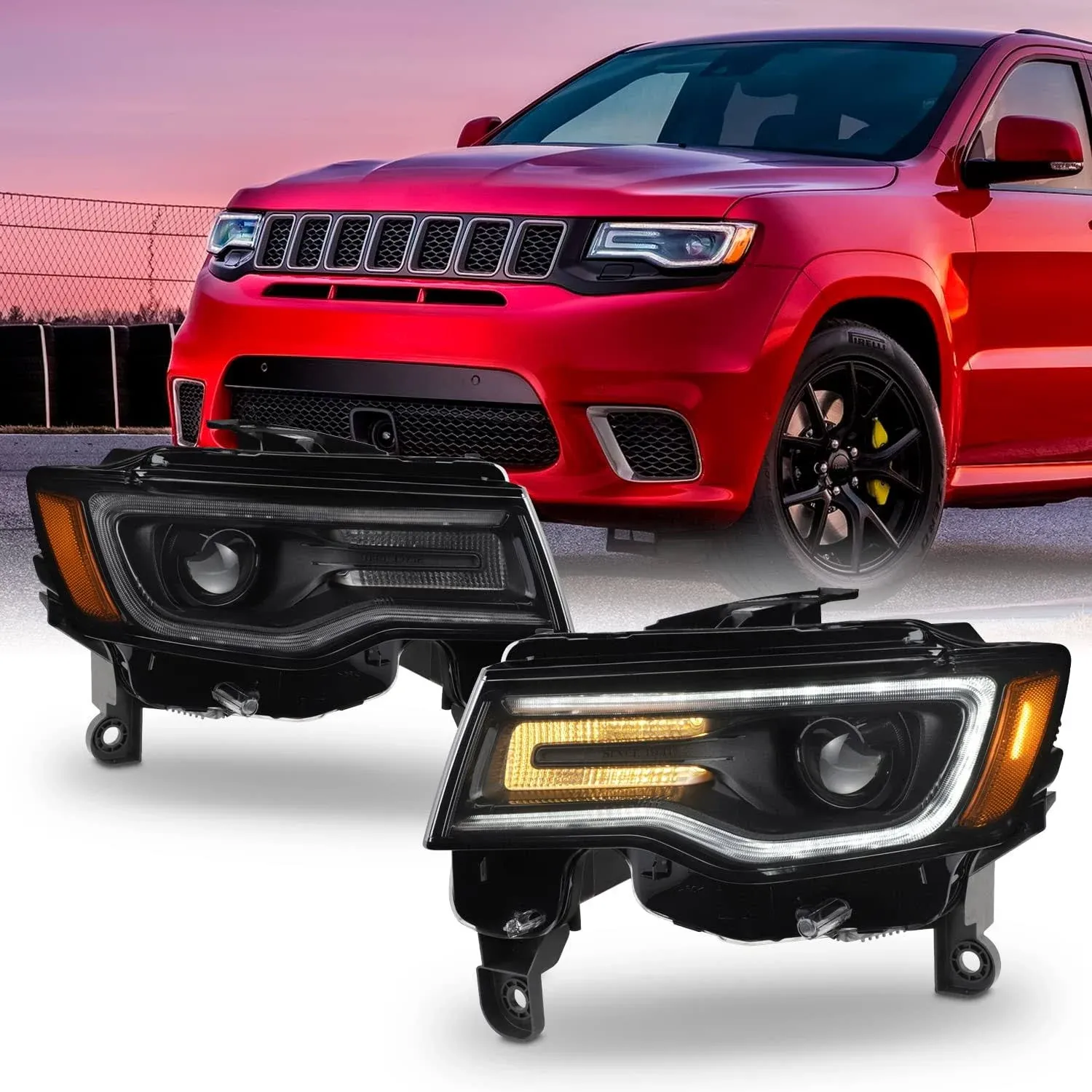 For 17-21 Jeep Grand Cherokee Halogen Projector Black Headlight w/LED DRL+Signal