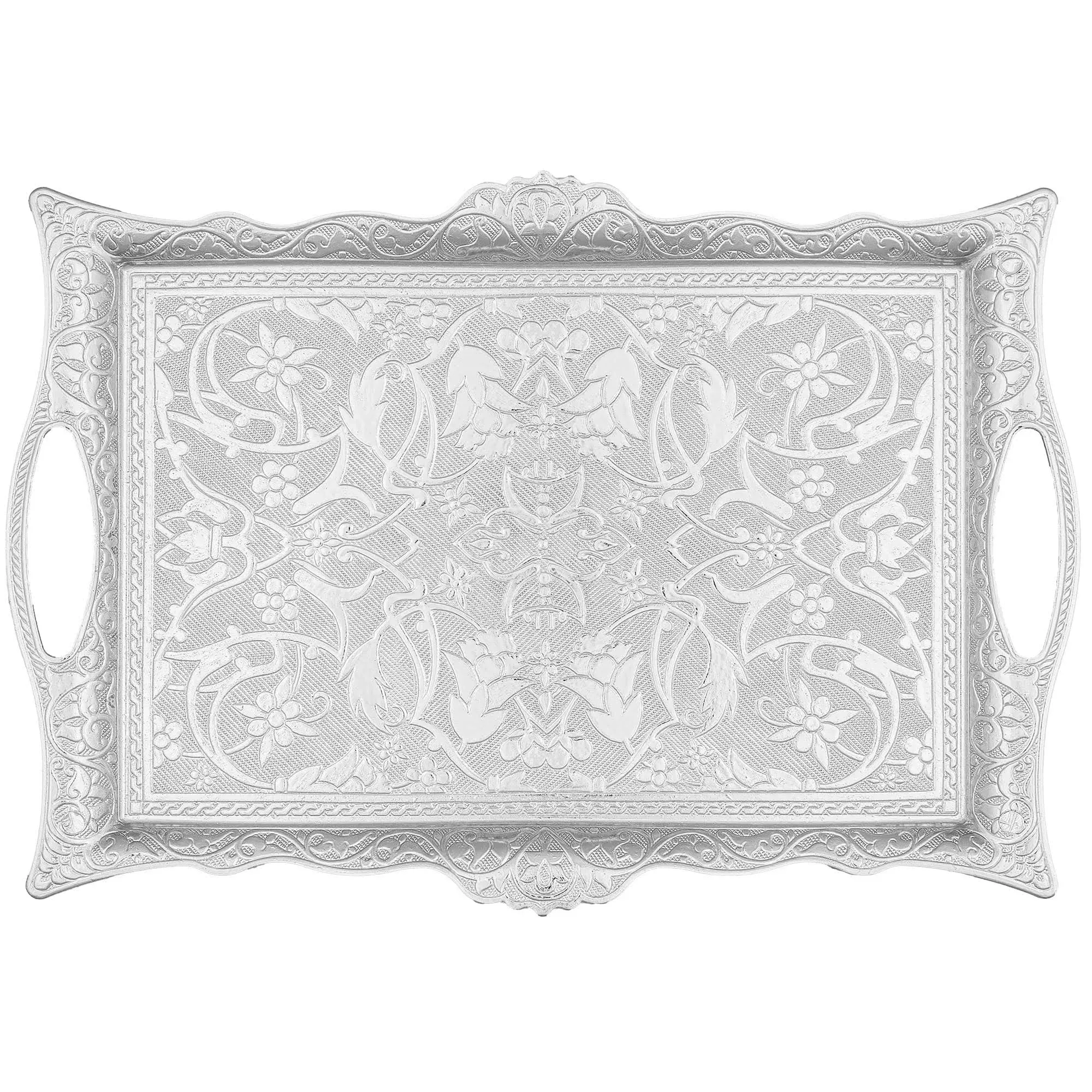 Alisveristime Ottoman Turkish Zamak Serving Tray with Traditional Motifs, Ideal for Coffee and Tea - Six Person Tray (14.5 x 9.85 in) (Silver)