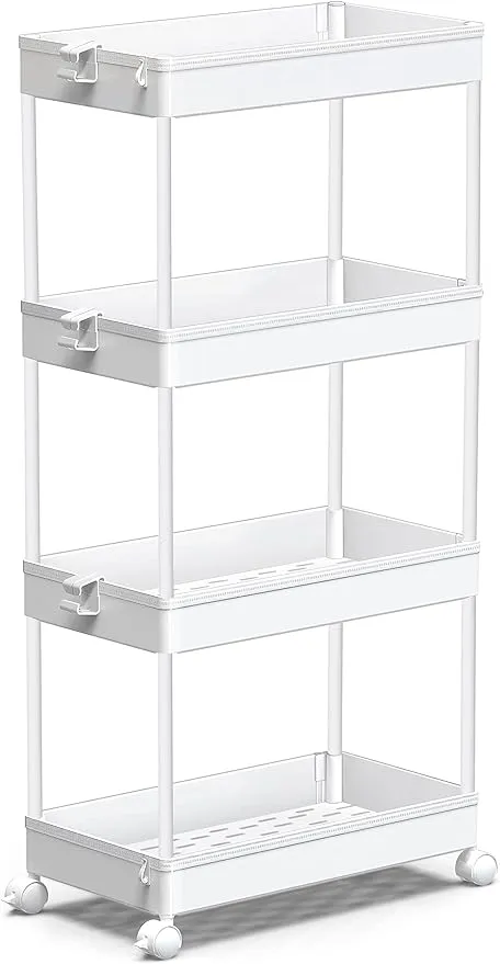 SPACEKEEPER Storage Cart, 4-Tier Mobile Shelving Unit, Bathroom Rolling Cart Utility Storage Organizer Shelf for Kitchen Living Room Bathroom Laundry Room & Dressers, White