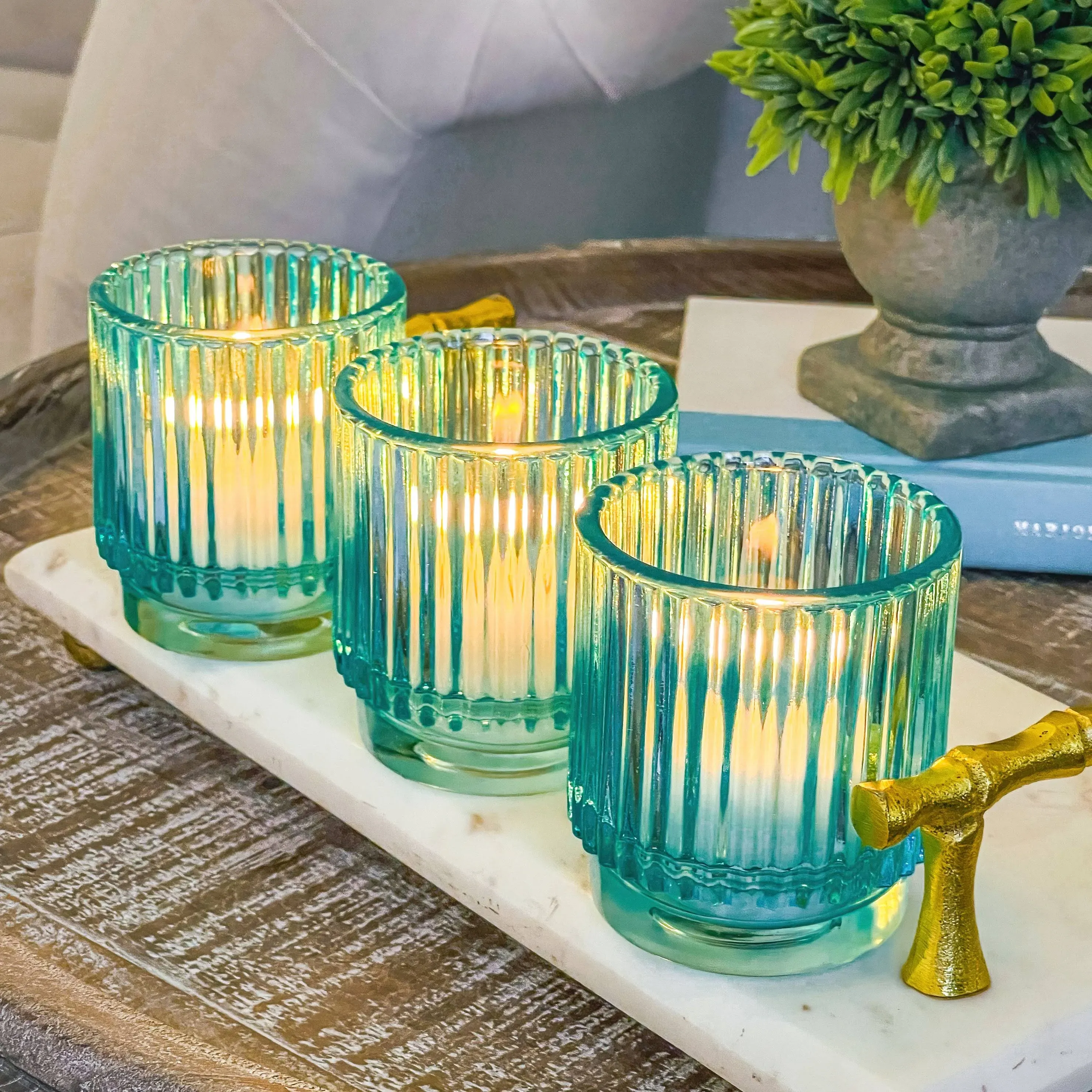 Kate Aspen Ribbed Blue Glass Votive Candle Holder (Set of 6)