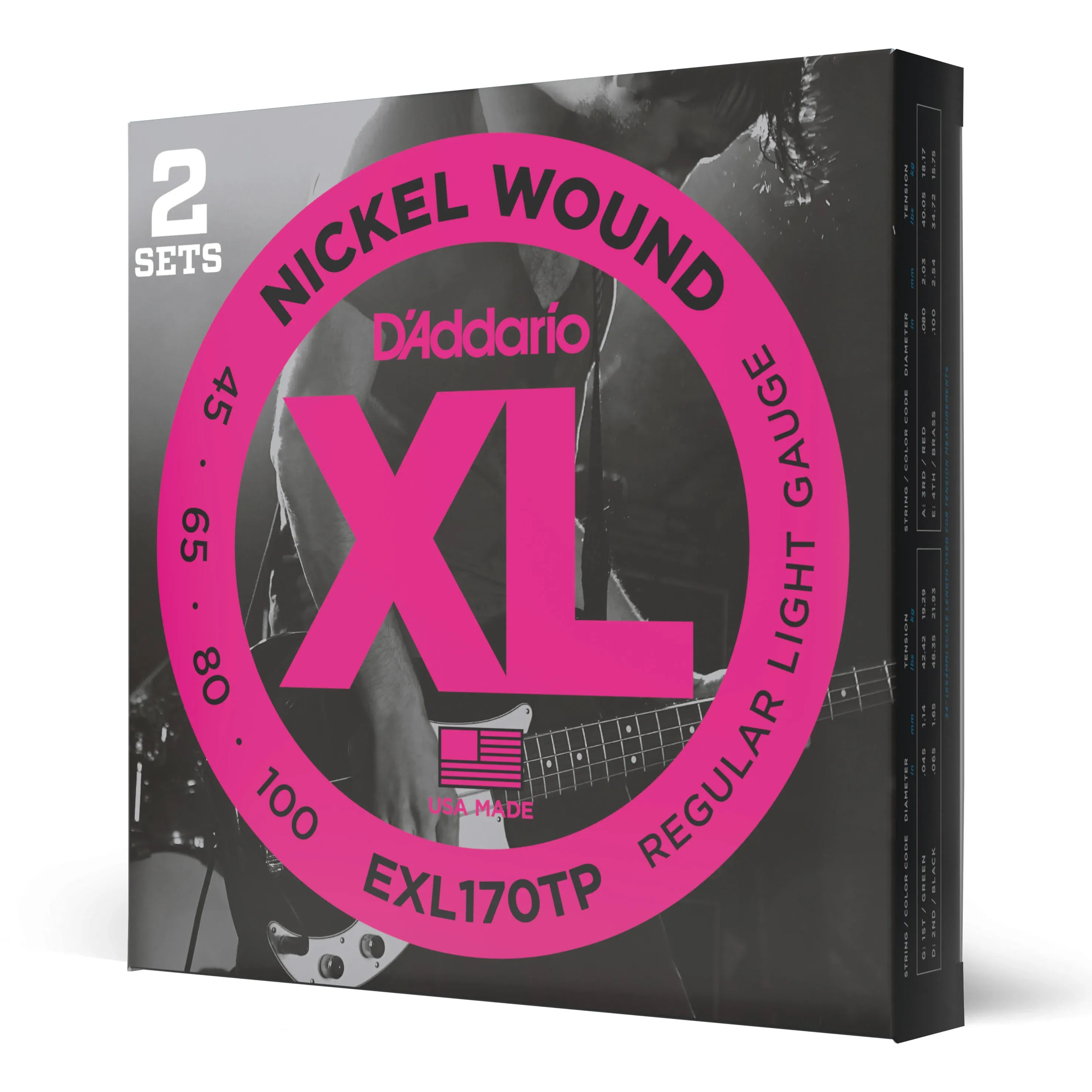 D'Addario EXL170TP Nickel Wound Light Bass Guitar Strings 45-100 Long Scale 2-Pack