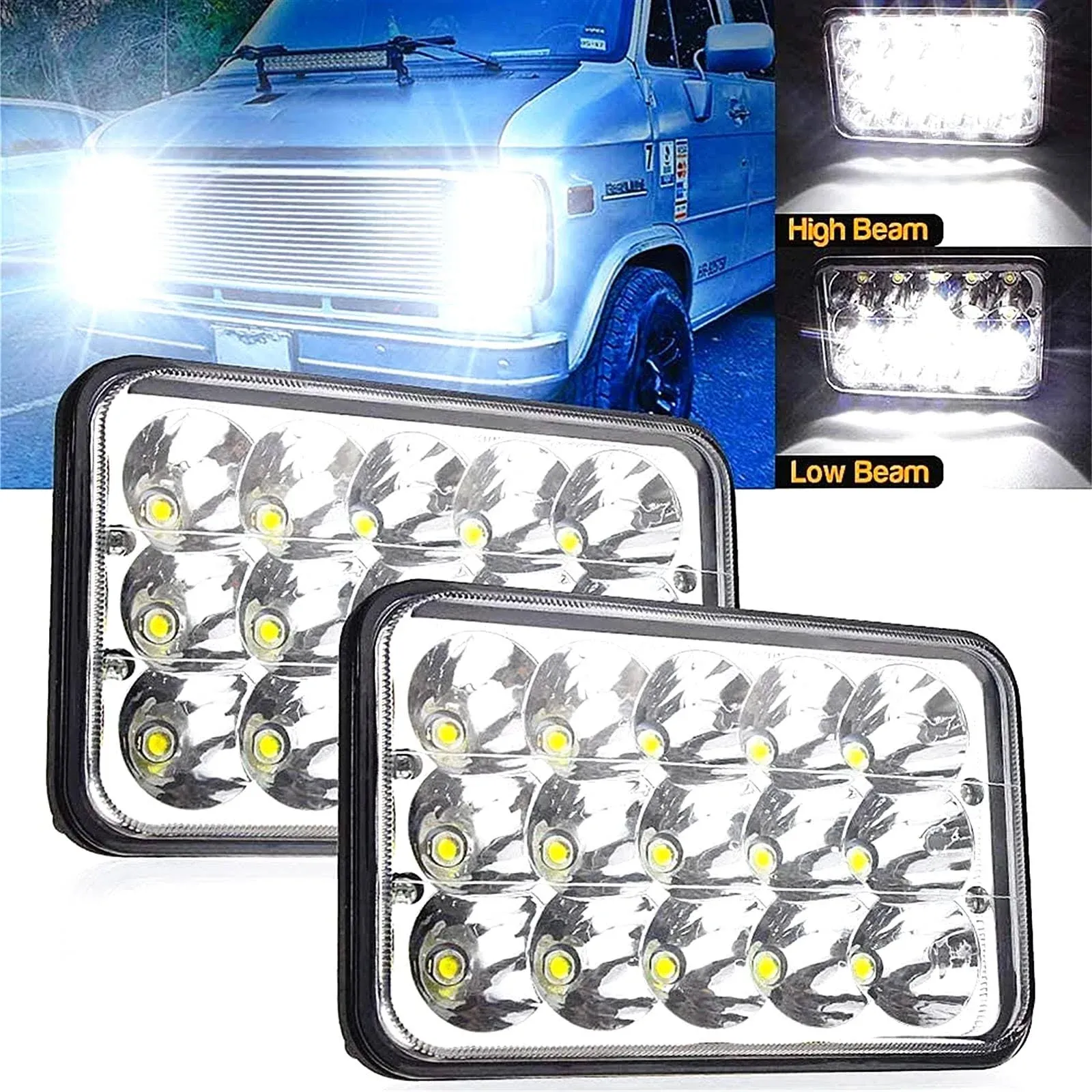 2PCS 4x6 LED Front lights,6x4 lights Rectangular LED Light High Low Sealed Be...