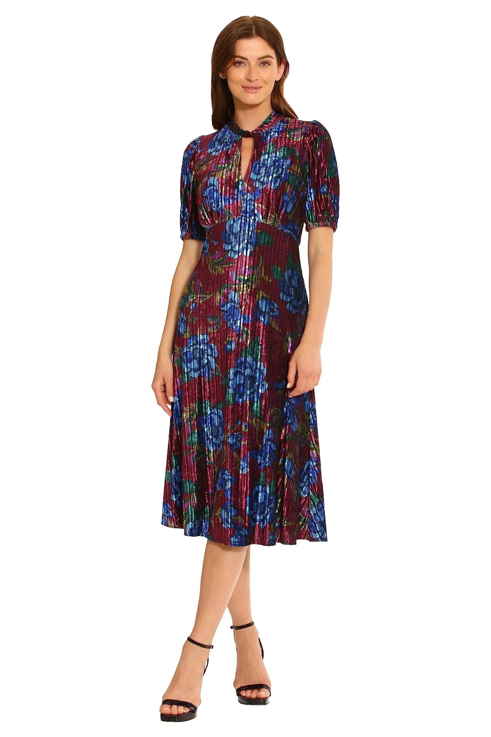 Maggy London Ursa Floral Velvet Midi Dress in Cabernet/Blue Danube