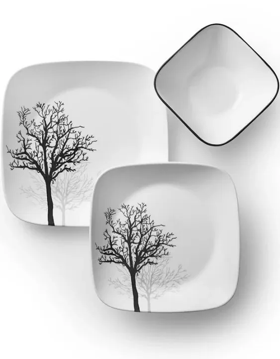 Corelle Vitrelle 18-Piece Service for 6 Dinnerware Set, Triple Layer Glass and Chip Resistant, Lightweight Square Plates and Bowls Set, Timber Shadows