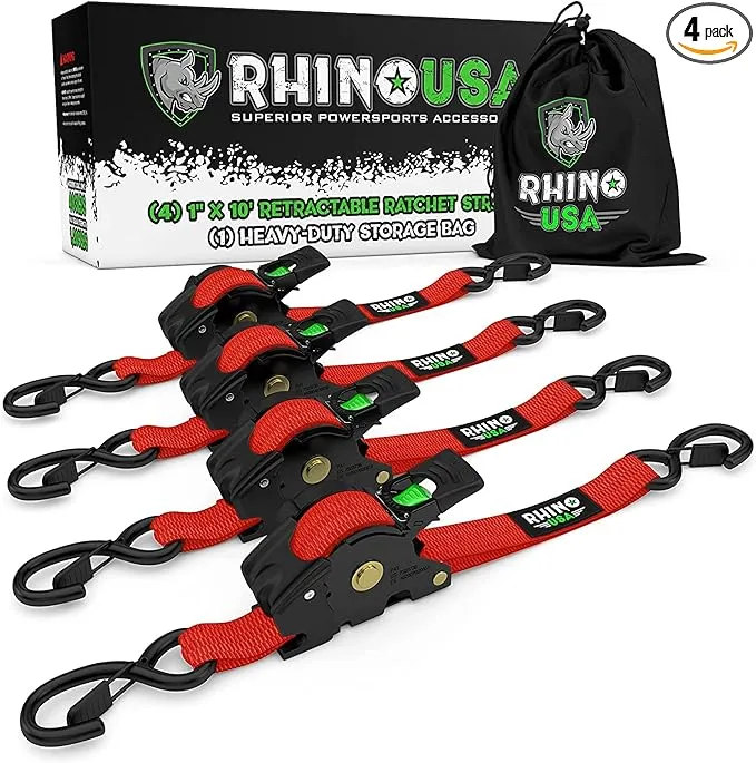 Rhino USA, Inc. 1" x 10' Retractable Ratchet Straps Red 4-Pack