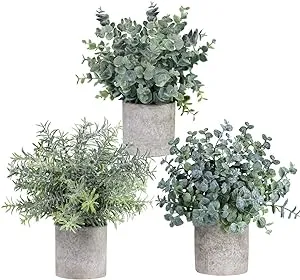 Winlyn Set of 3 Mini Potted Artificial Eucalyptus Plants Plastic Fake Green Rose