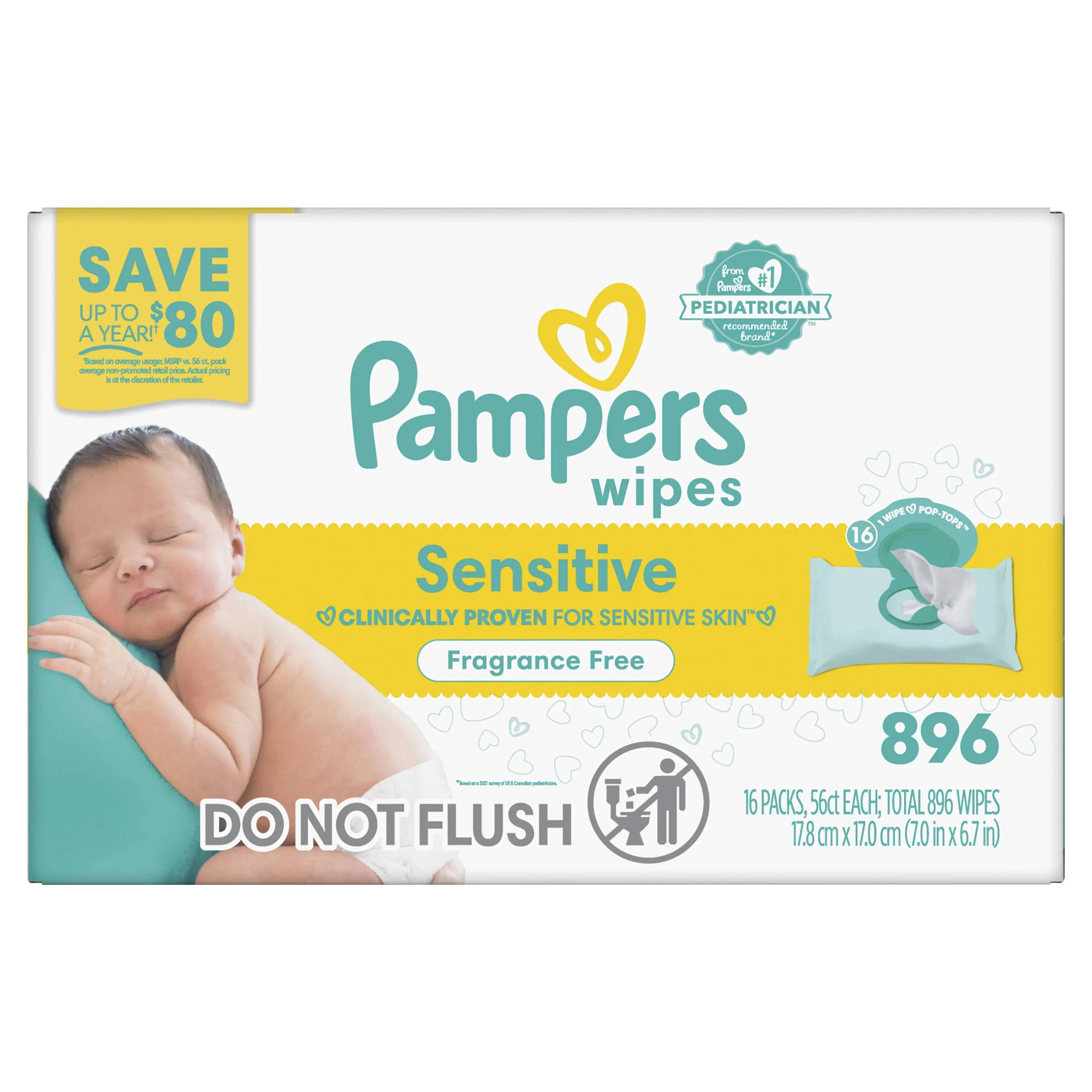 Pampers Baby Wipes Sensitive Fragrance Free Pop-Top Packs 16 pk.