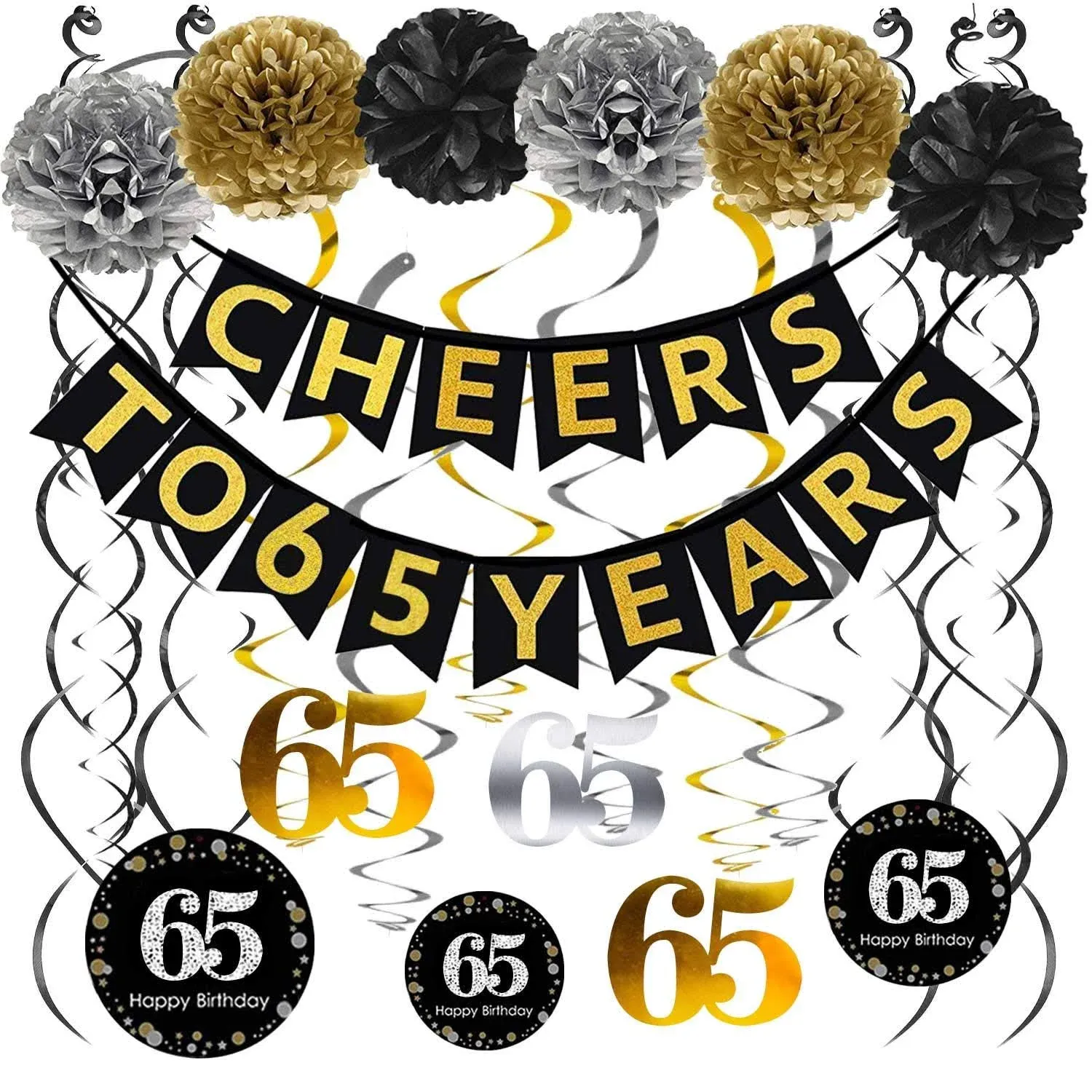 65th Birthday Party Decorations Set- Gold Glittery Cheers to 65 Years BannerP...