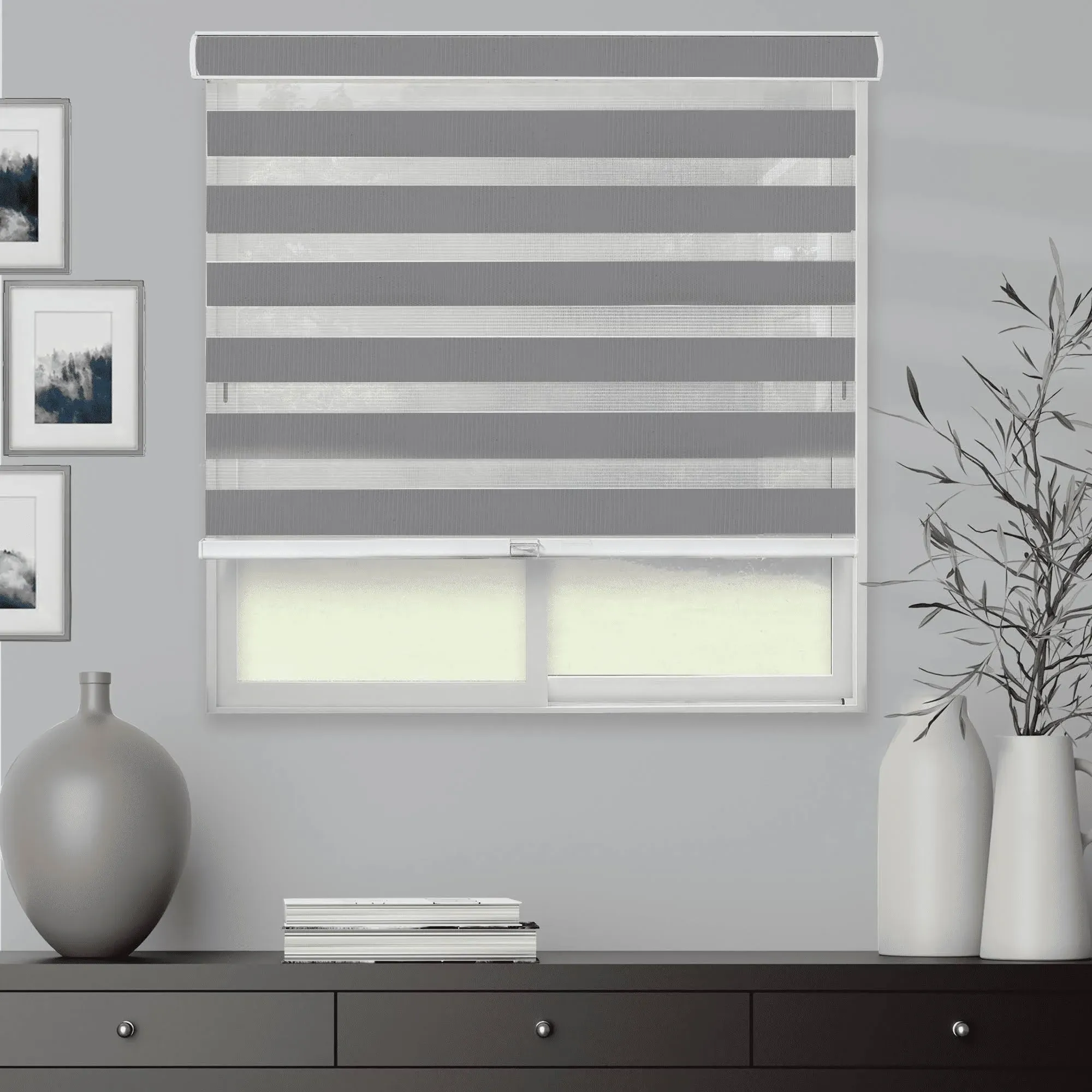 Basic Slate Cordless Cut-to-Width Light Filtering Dual Layer Zebra Roller Shade 25 in. W x 72 in. L