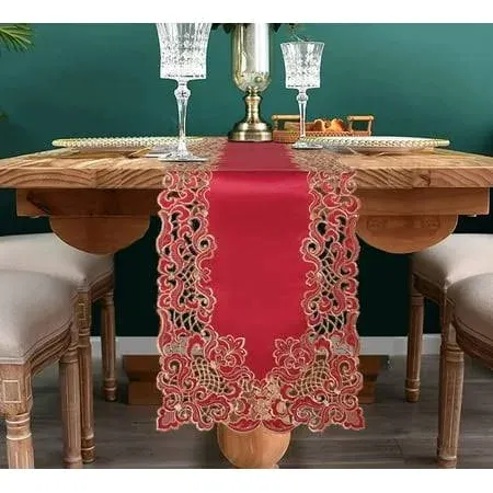 Decozen Gold Lace Burgundy Table Runner - Dresser Scarf European Embroidery ...