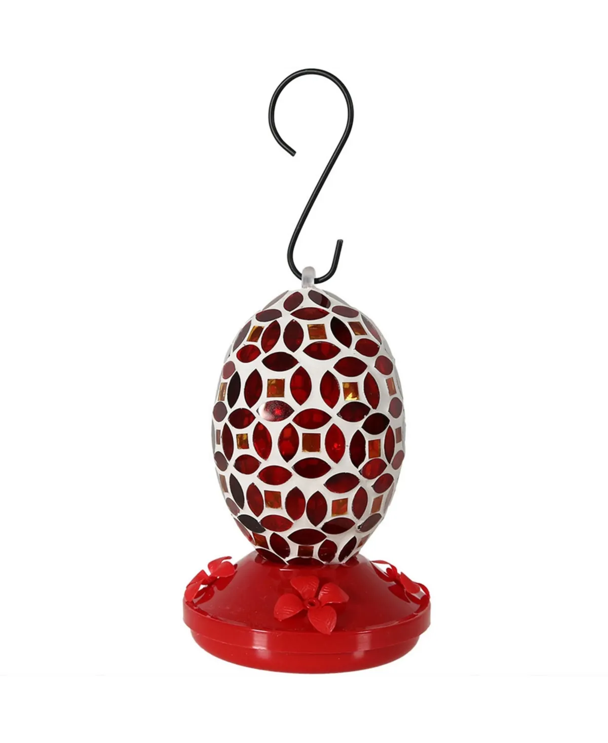 Glass Oval Mosaic Flower Outdoor Hummingbird Feeder - 7 in - Red