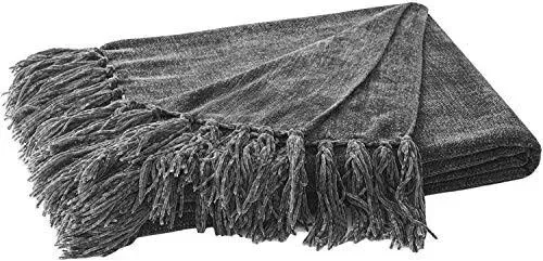 RECYCO Throw Blanket Soft Cozy Chenille Throw Blanket with Fringe Tassel for Couch Sofa Chair Bed Living Room Gift (Dark Gray, 50" x 60")