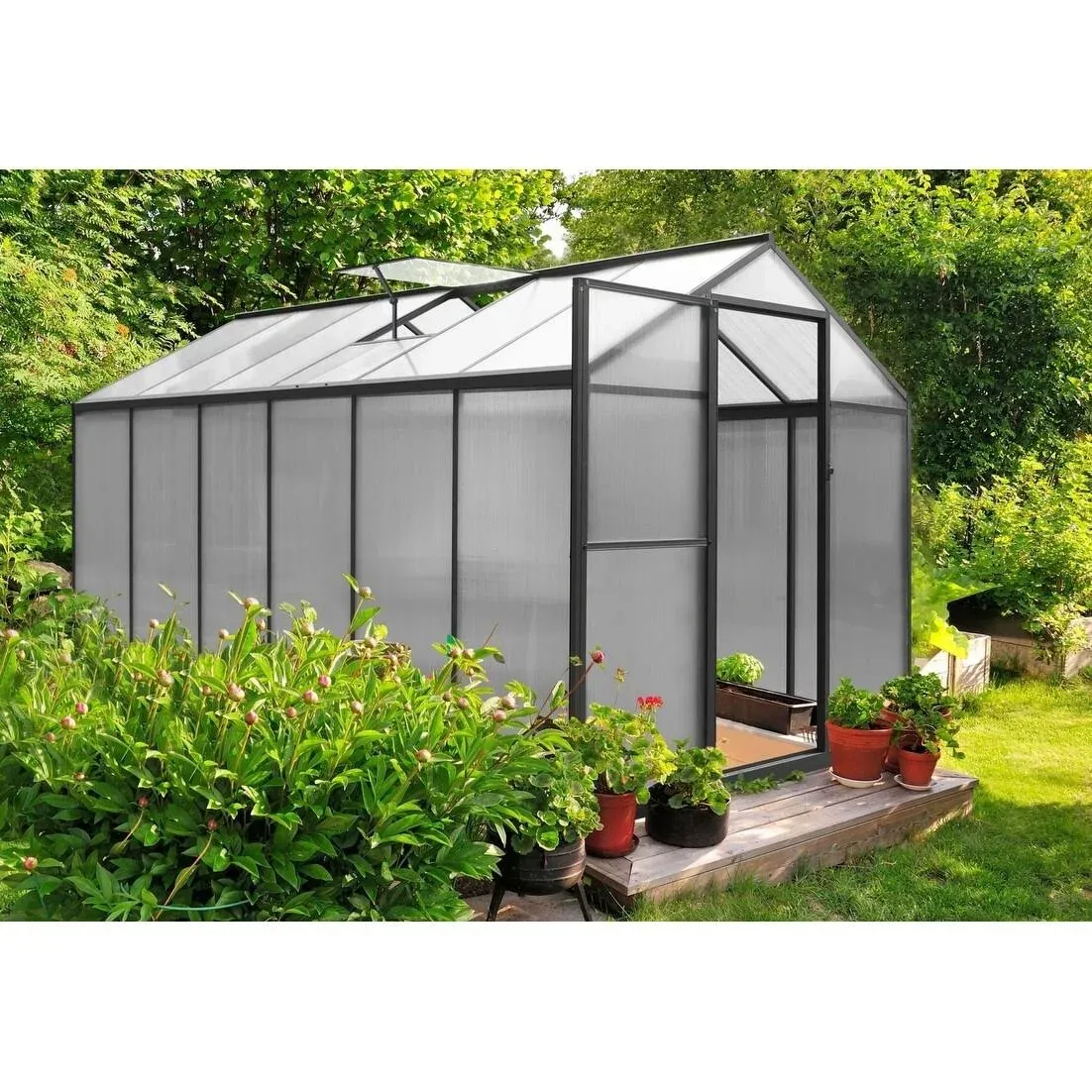 Veikous Aluminum Walk-In Garden Greenhouse Kit with Adjustable Roof Vent and Lockable Door Grey - 6' x 12'