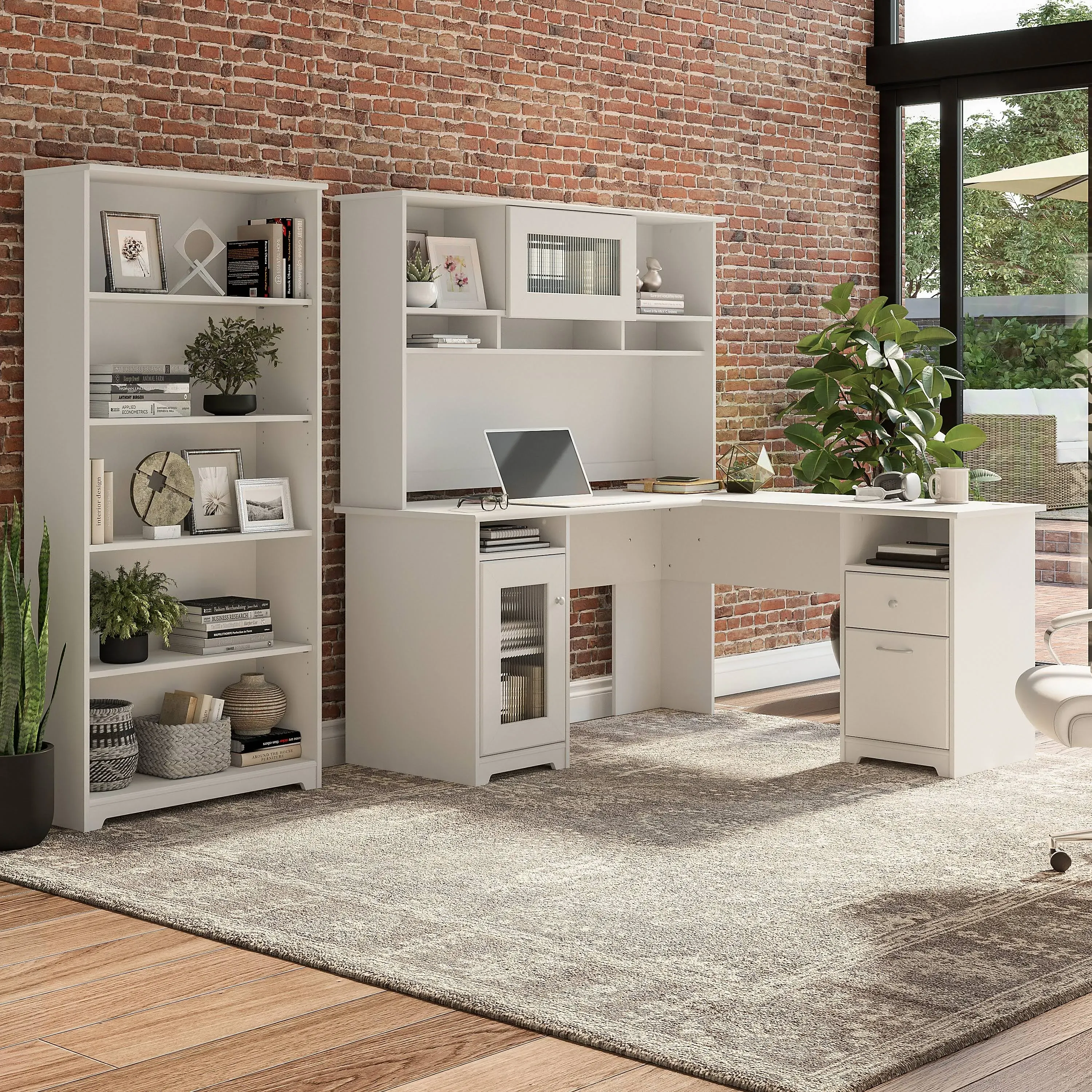 Cabot 60W L-Desk with Hutch and 5 Shelf Bookcase by Bush