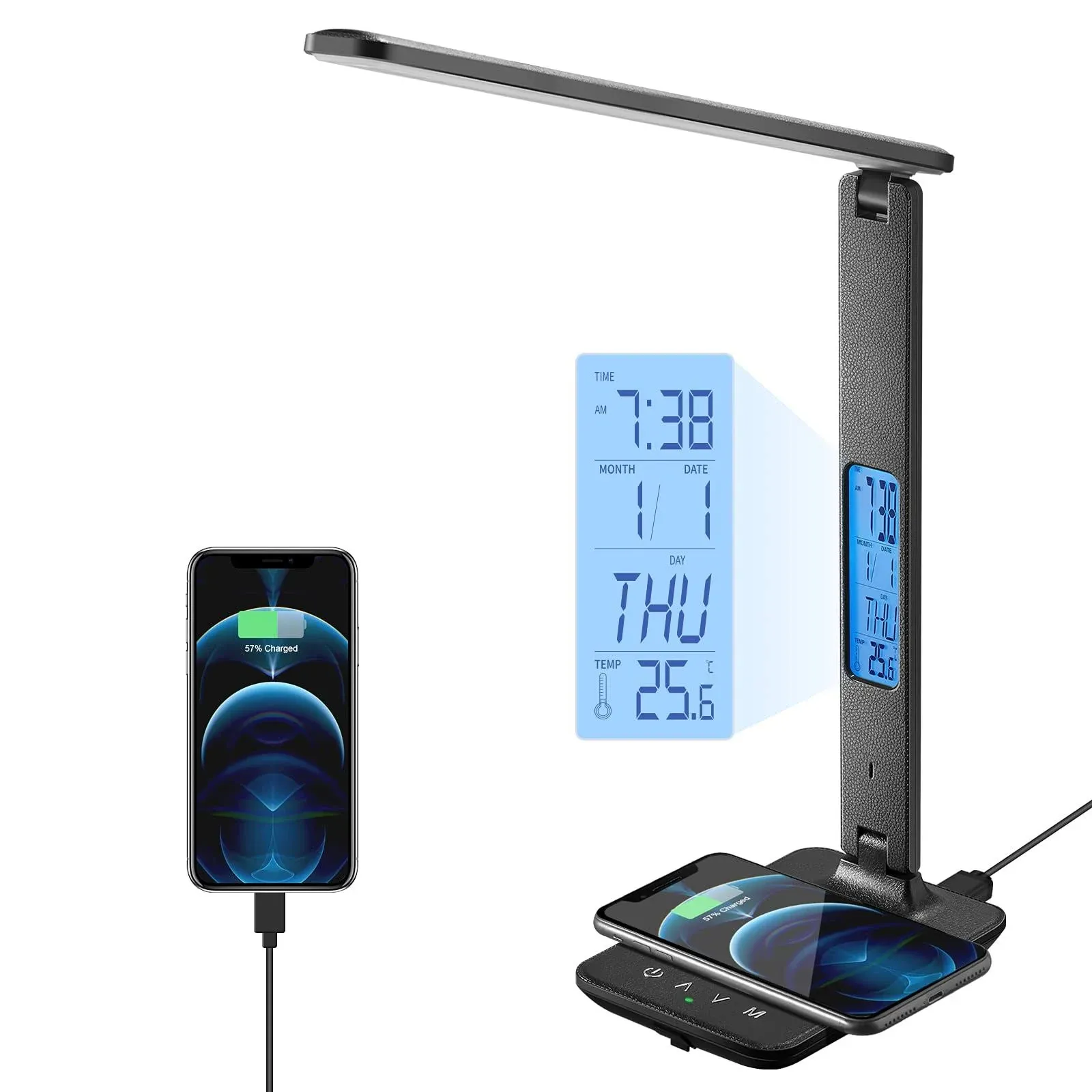 poukaran Desk Lamp, LED Desk Lamp with Wireless Charger, USB Charging Port, Table Lamp with Clock, Alarm, Date, Temperature, Office Lamp, Desk Lamps