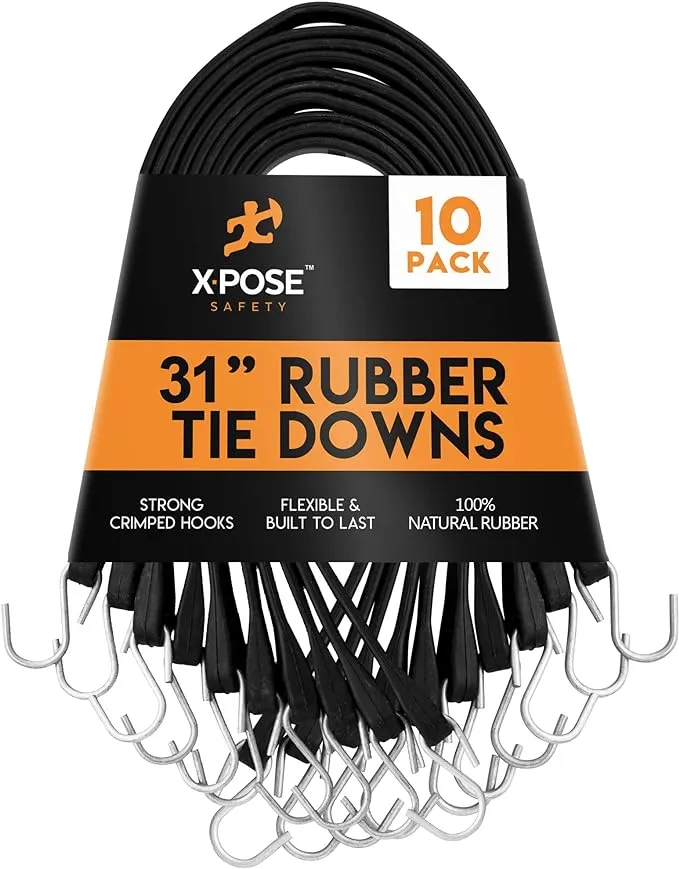 Rubber Bungee Cords with Hooks 10 Pack 21 Inch (32” Max Stretch) Heavy-Duty Black Tie Down Straps for Outdoor, Tarp Covers, Canvas Canopies, Motorcycle, and Cargo - by Xpose Safety