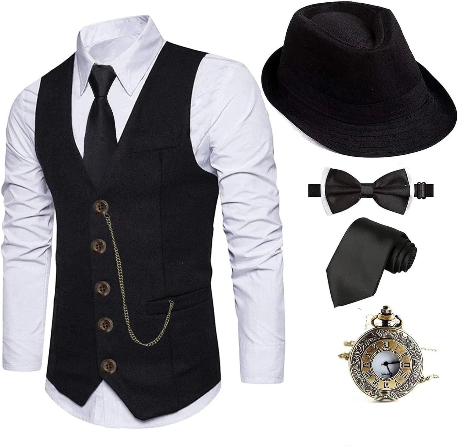 EFORLED 1920s Mens Costume Fedora Hat,Gatsby Gangster Vest,Vintage Pocket Watch,Pre Tied Bow Tie,Tie,CC-M