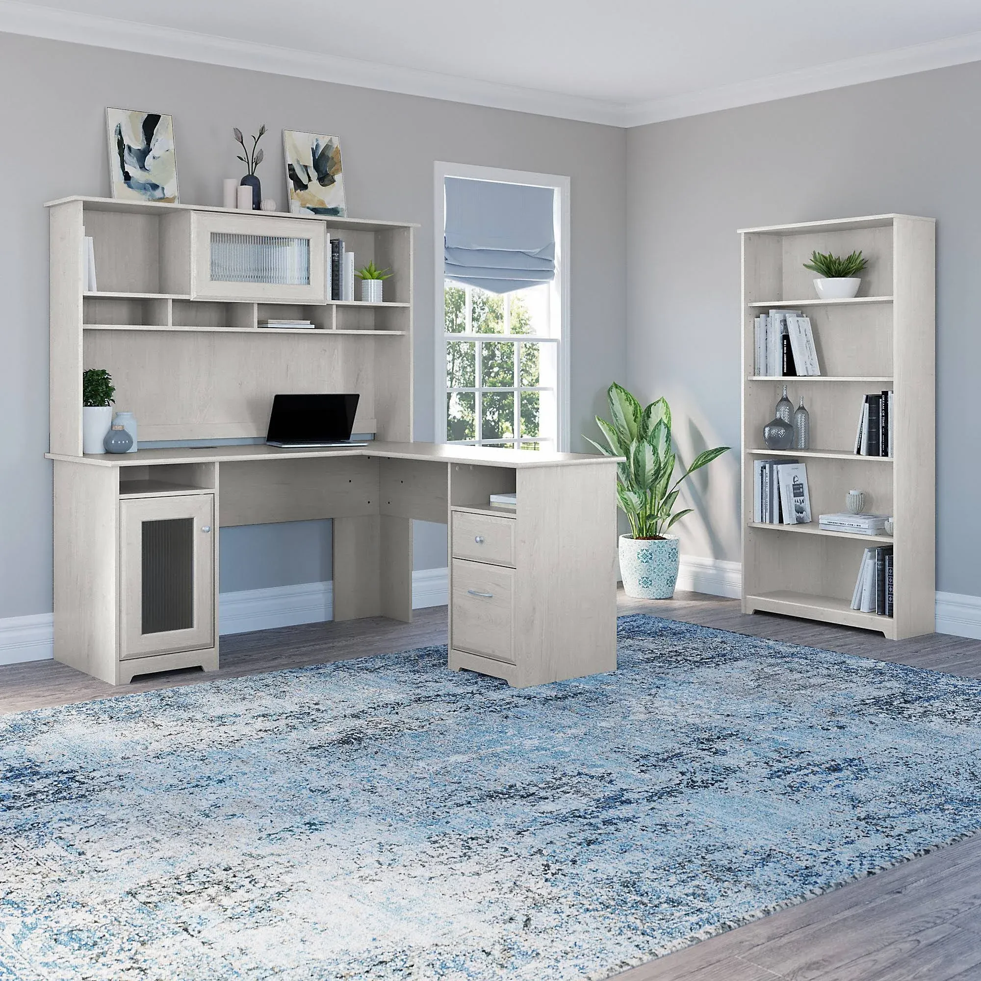 Bush Furniture Cabot 60W L Shaped Computer Desk with Hutch and 5 Shelf Bookcase Linen White Oak