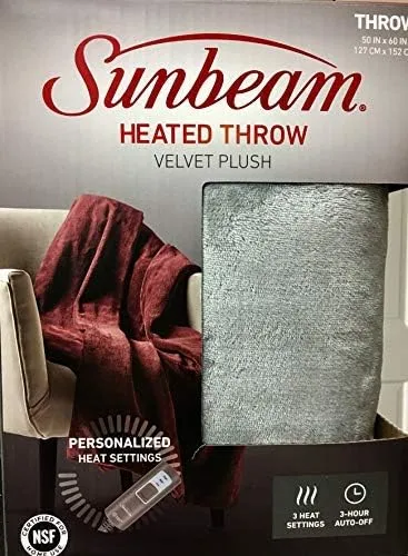 Sunbeam Velvet Plush Electric Heated Throw with 3 Heat Settings and Auto-Off  Machine Washable (Silver Grey)