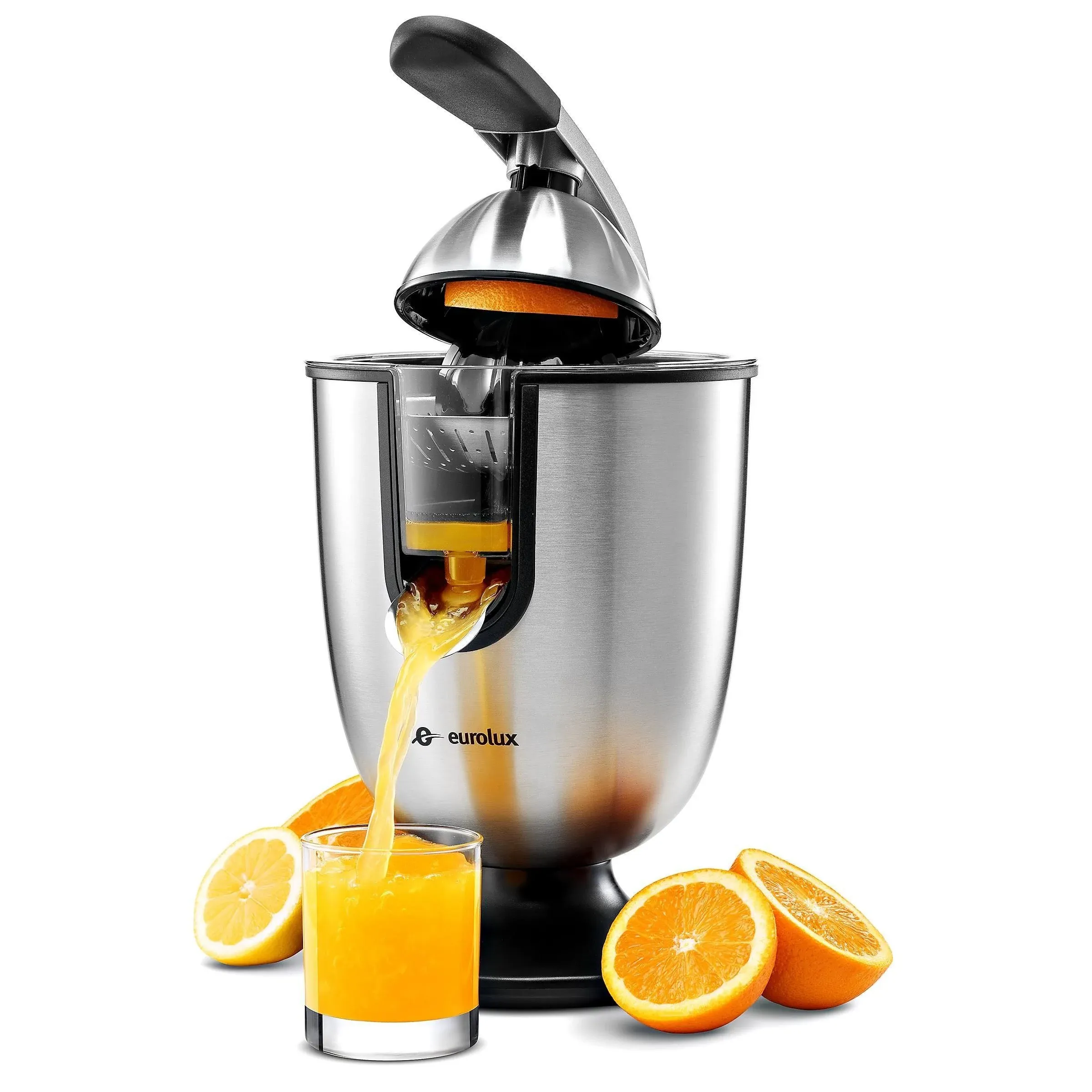 Eurolux Electric Orange Juicer Squeezer | Pro Stainless Steel Citrus Juicer with Soft Grip Handle for Effortless Juicing, Also Fits Lime & Grapefruit