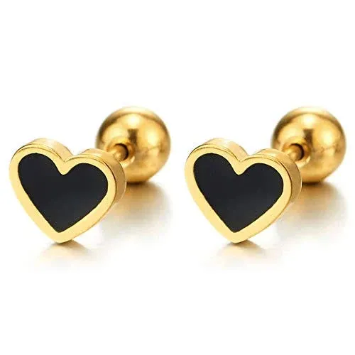 Stainless Steel Pair Womens Tiny Gold Color Flat Heart Stud Earrings with Black Enamel, Screw Back