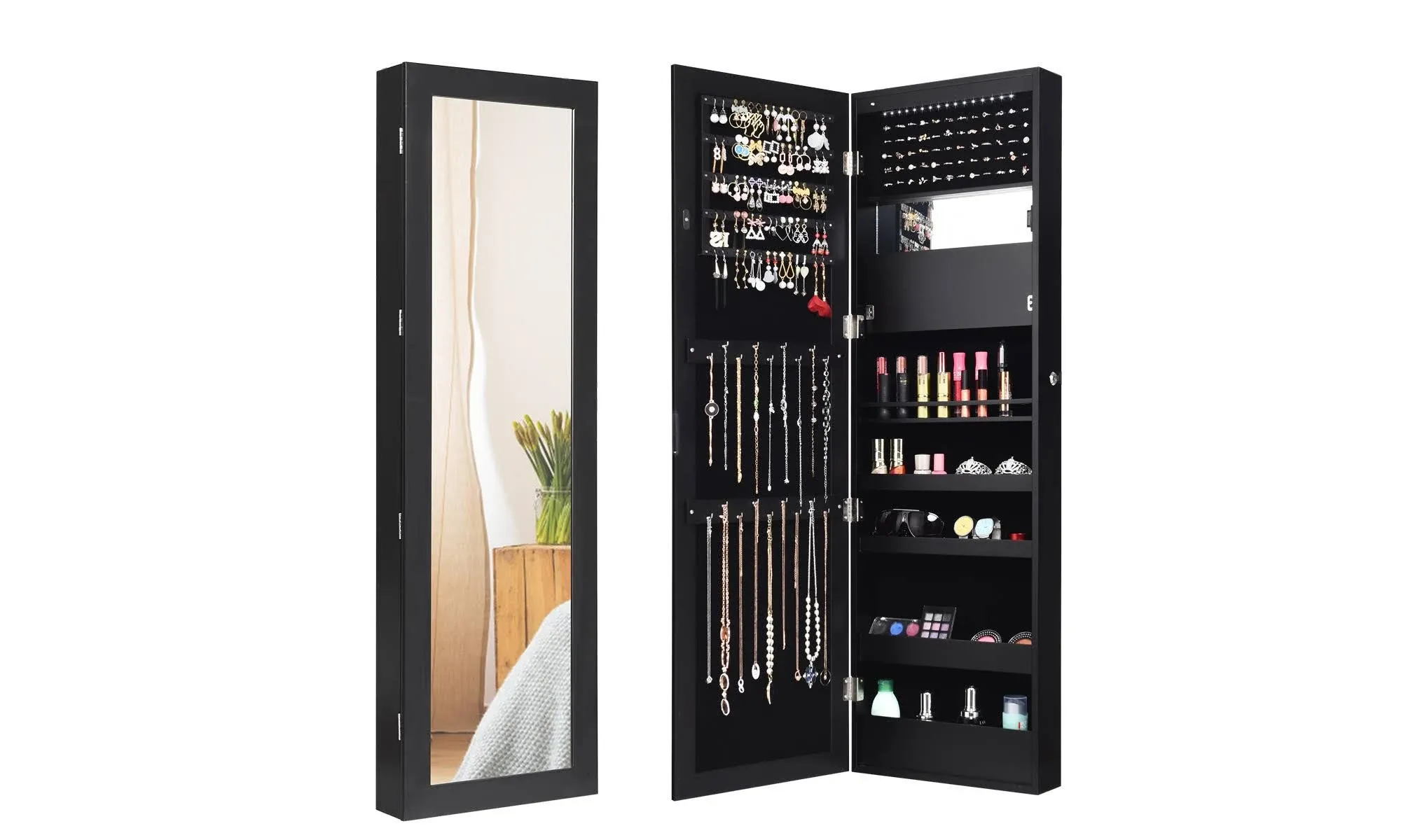 Lockable Wall Door Mounted Mirror Jewelry Cabinet with LED Lights