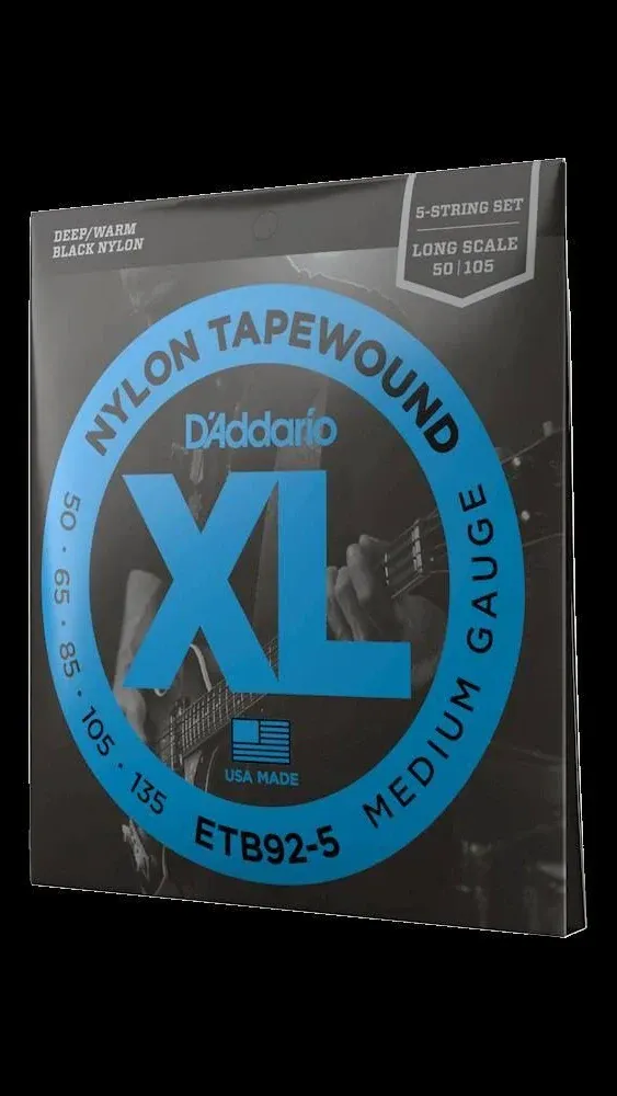 D&#039;Addario ETB92-5 Medium Black Nylon Tapewound 5-String Bass Strings