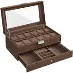 Lockable Watch Box with Glass Lid, Brown + Brown / 12 Slot