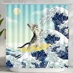 Funny Cat Shower Curtain Surfer Cat Shower Curtain Battle Blue Ocean Great Wa...