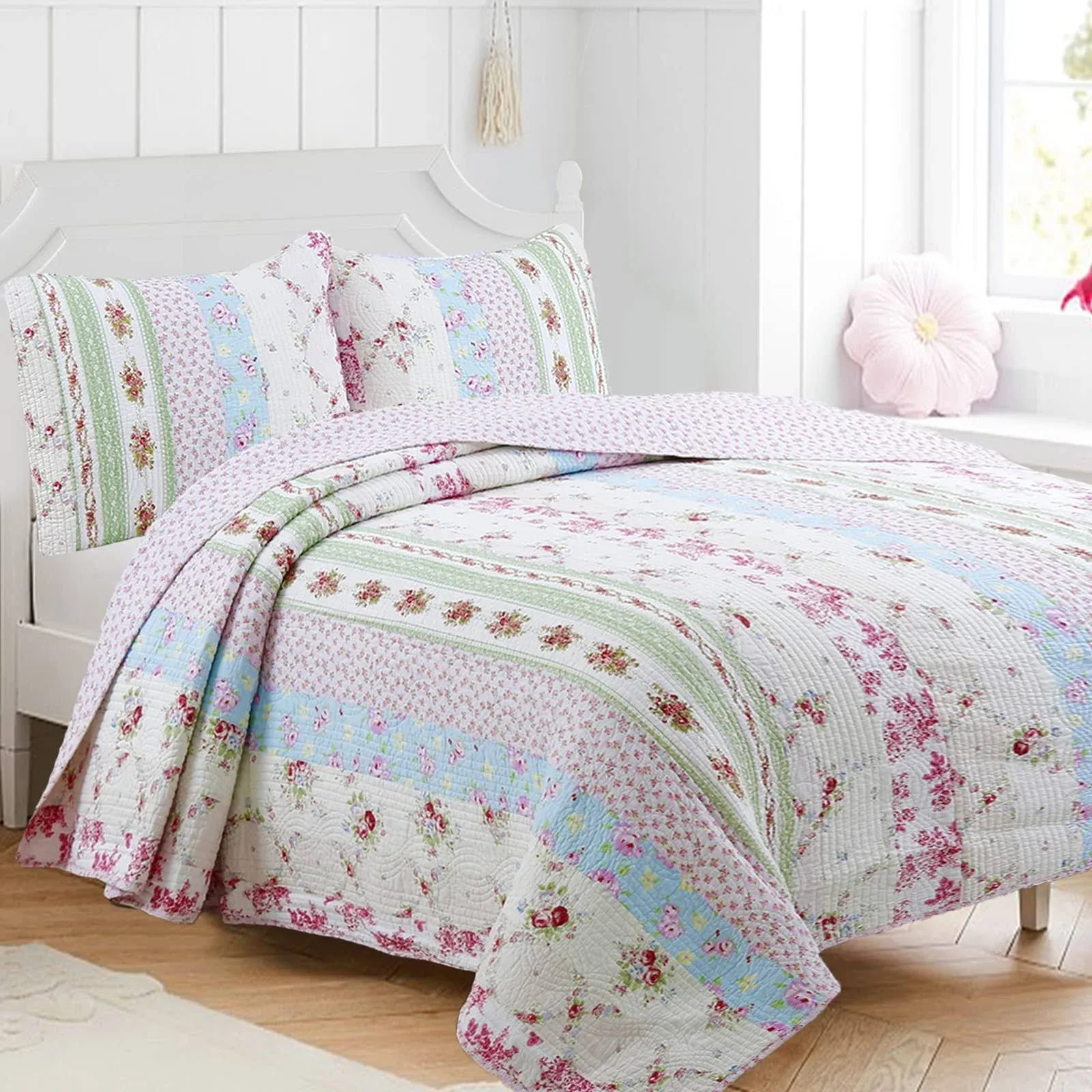 Cozy Line Home Fashions 100% Cotton Real Patchwork Floral Striped Cotton Reversible Quilt Bedding Set, Coverlet, Bedspread (Wild Rose, Twin - 2 Piece)