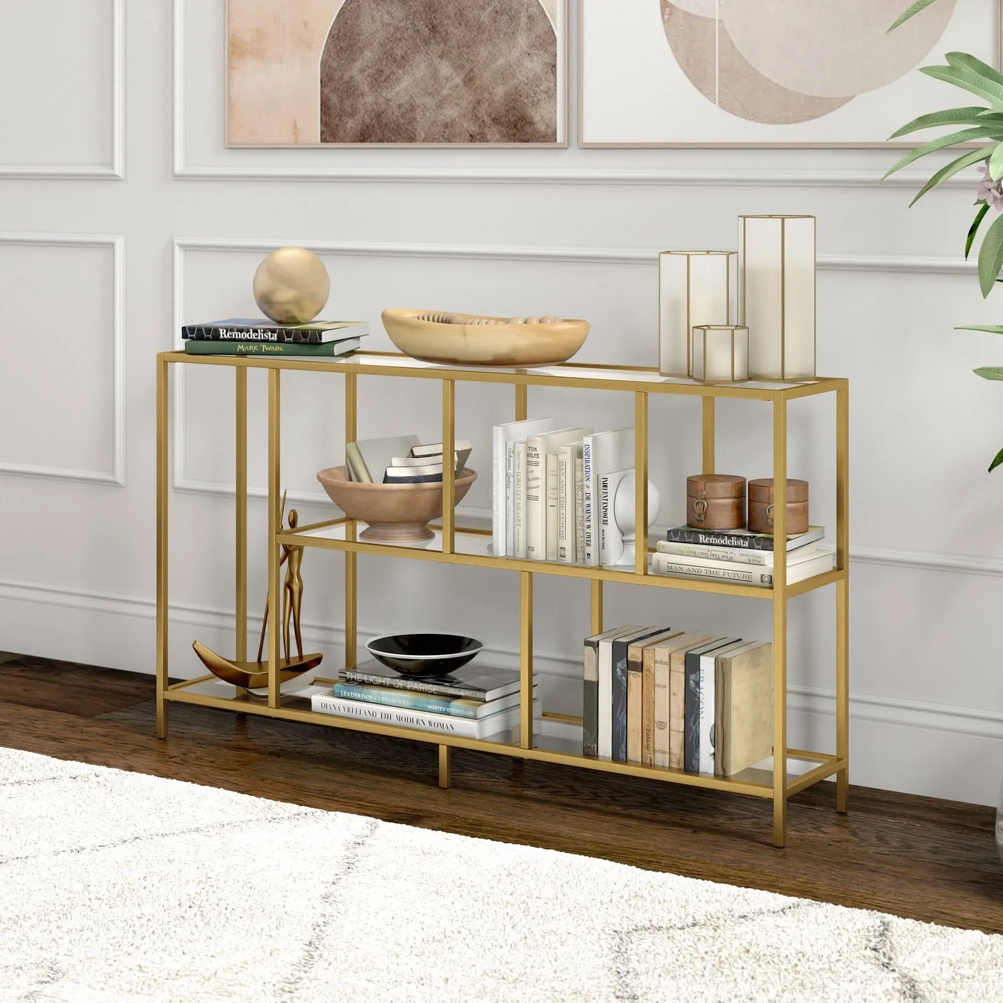 Winthrop 52" Wide Rectangular Console Table with Glass Shelves in Brass - Hudson and Canal AT1459