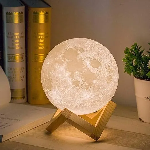 Mydethun Moon Lamp - Home Décor, with Brightness Control, LED Night Light, Bedroom, Living Room, Sleep Training Meditation, Birthday Gifts for Kids Women, with Wooden Base, 5.9 inch, White & Yellow