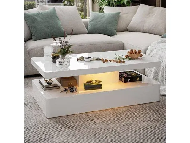 IKIFLY Modern High Glossy White Coffee Table with 16 Colors LED Lights, Contemporary Rectangle Design Living Room Furniture, 2 Tiers