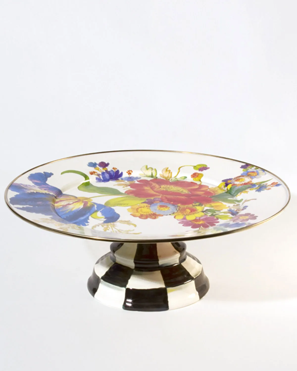 MACKENZIE-CHILDS Enamel Pedestal Platter, Round Cake Stand, Large White Flower Market