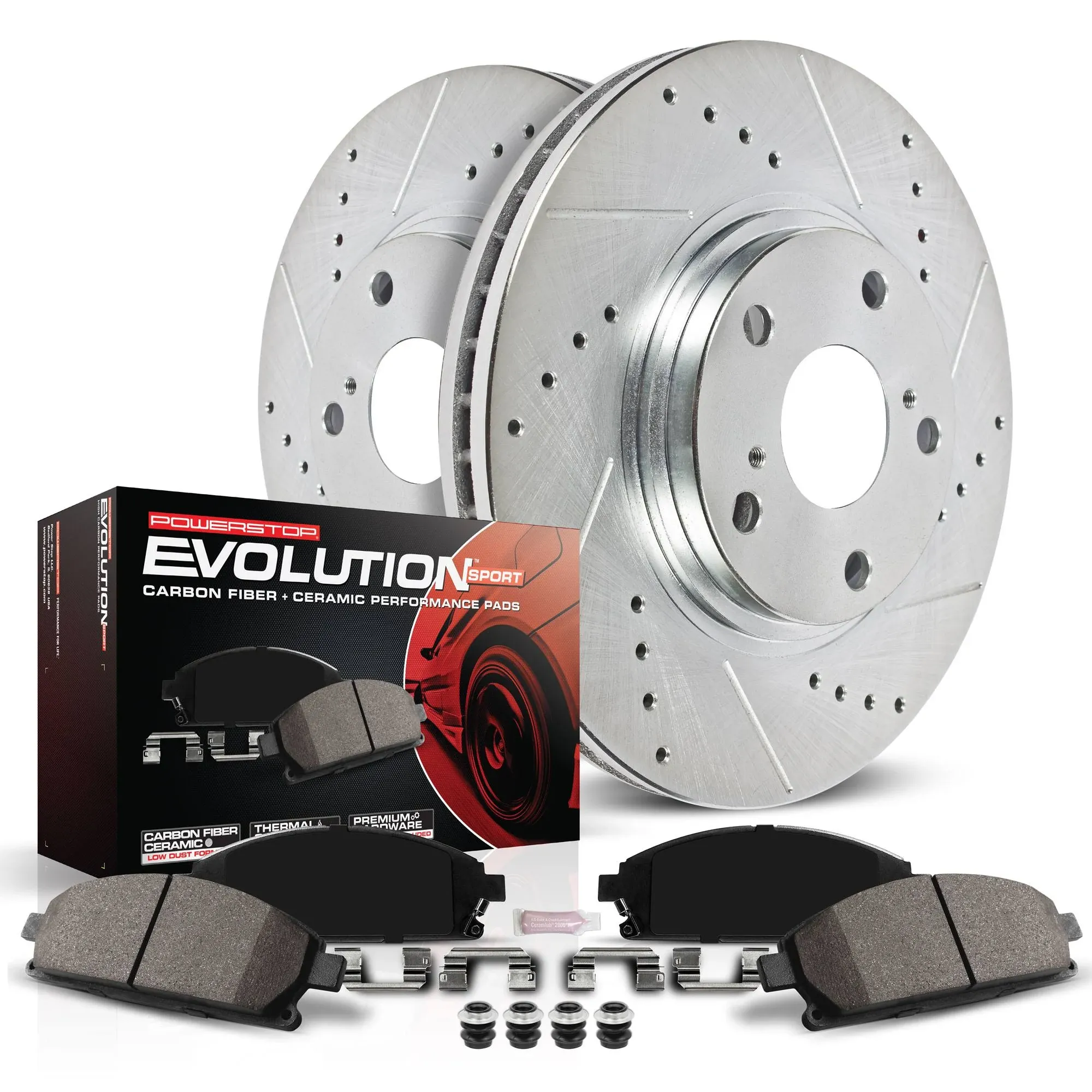 Power Stop K2067 Front Z23 Carbon-Fiber Ceramic Brake Pads and Drilled Slotted Rotors Brake Kit For Cadillac Escalade | Chevy Silverado 1500 Suburban 1500 Avalanche Tahoe | GMC Sierra 1500 Yukon XL