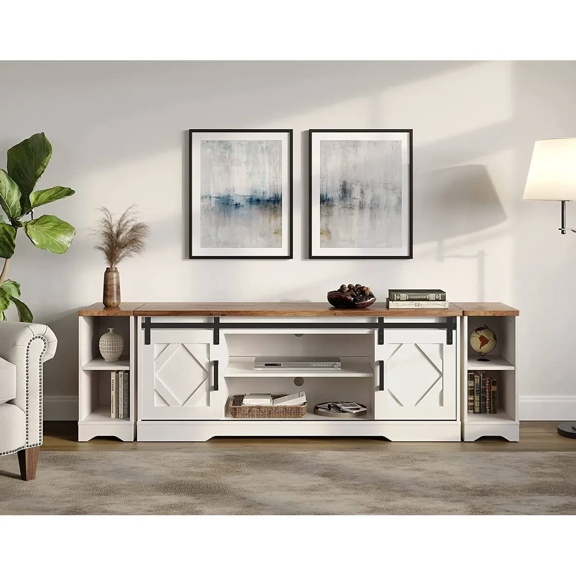 WAMPAT Modern Farmhouse 3 in 1 TV Stand for up to 85" TVs Wood Entertainment Center with Open Storage for Living Room Antique White