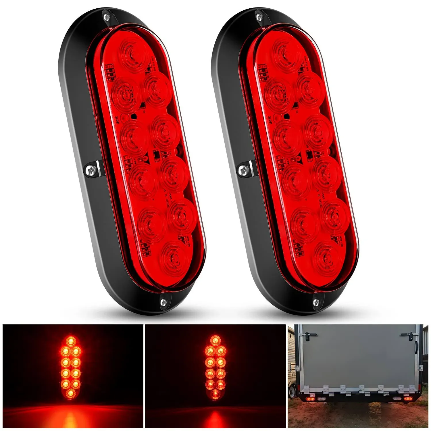 Nilight 6" Oval Red LED Trailer Tail Light Surface Mount 2pcs 10 LED Waterproof ...