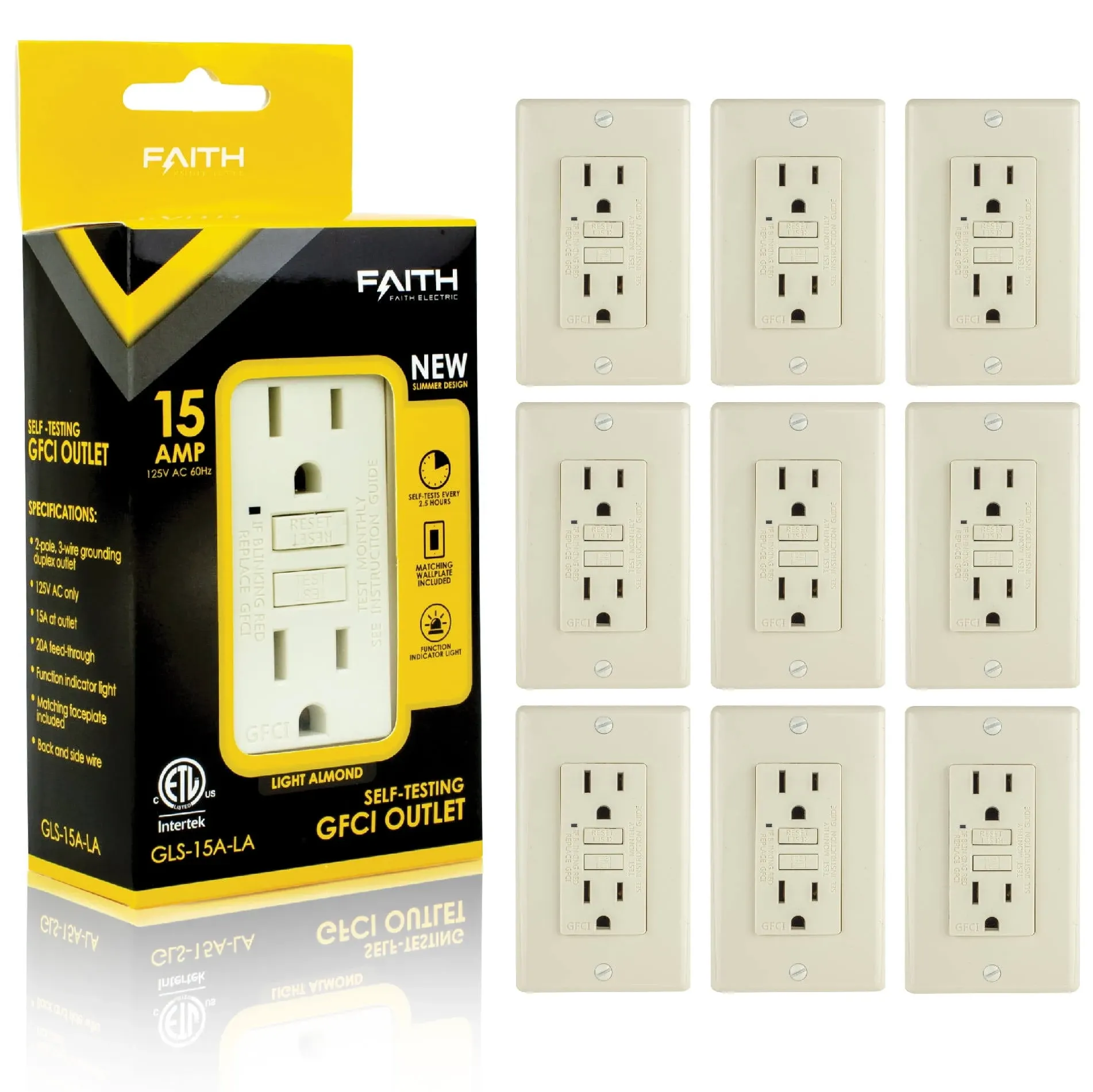 Faith [10-Pack] 15A GFCI Outlets Slim, Non-Tamper-Resistant GFI Duplex Receptacles with LED Indicator, Self-Test Ground Fault Circuit Interrupter