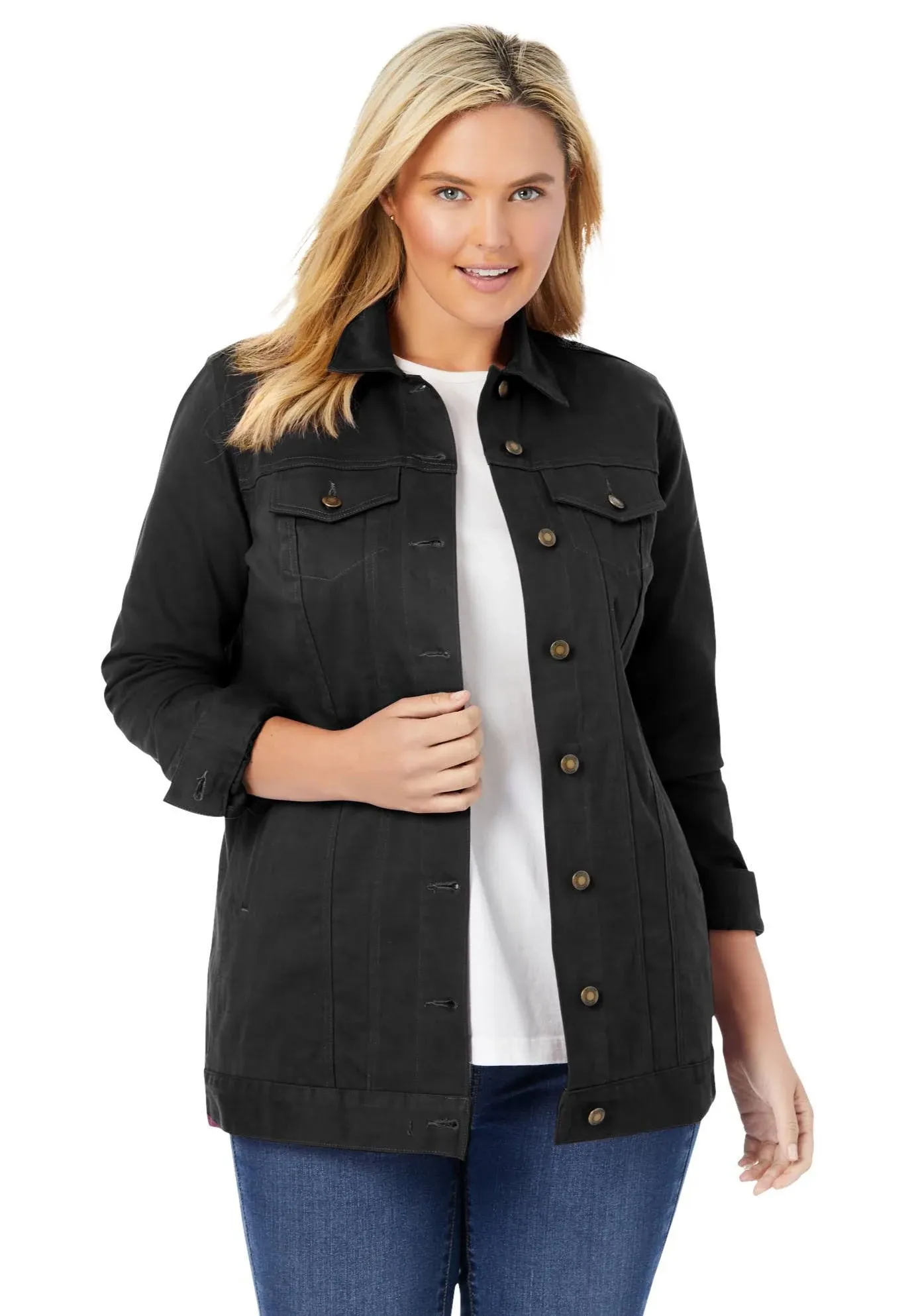 Plus Size Women's Long Stretch Denim Jacket by Woman Within in Black (Size 28 W)