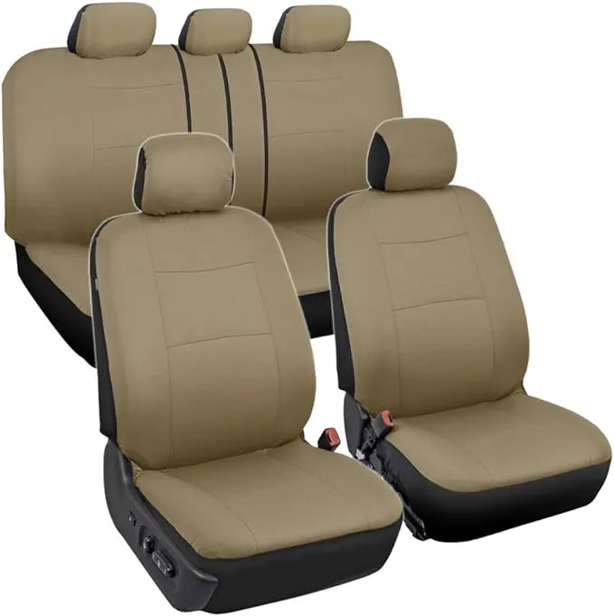 Auto Car Seat Cover Set Beige/Black Bucatti Design Headrest Covers 9PC Truck SUV