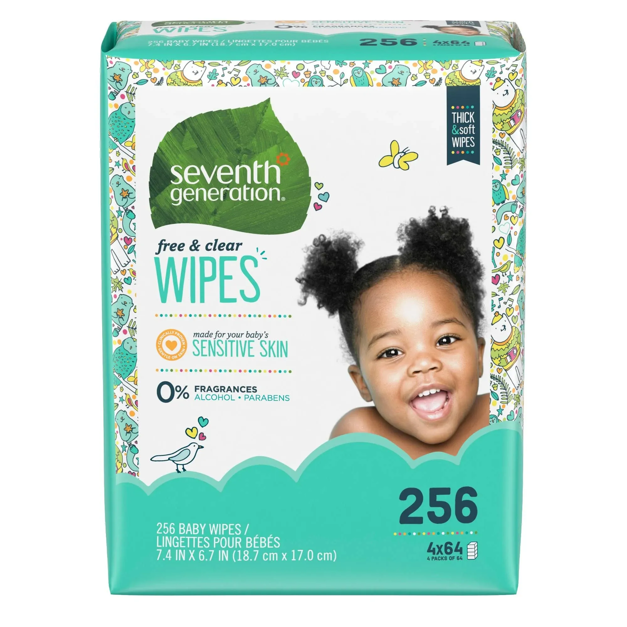 Seventh Generation Free & Clear Baby Wipes Refill Unscented White 256/Pack