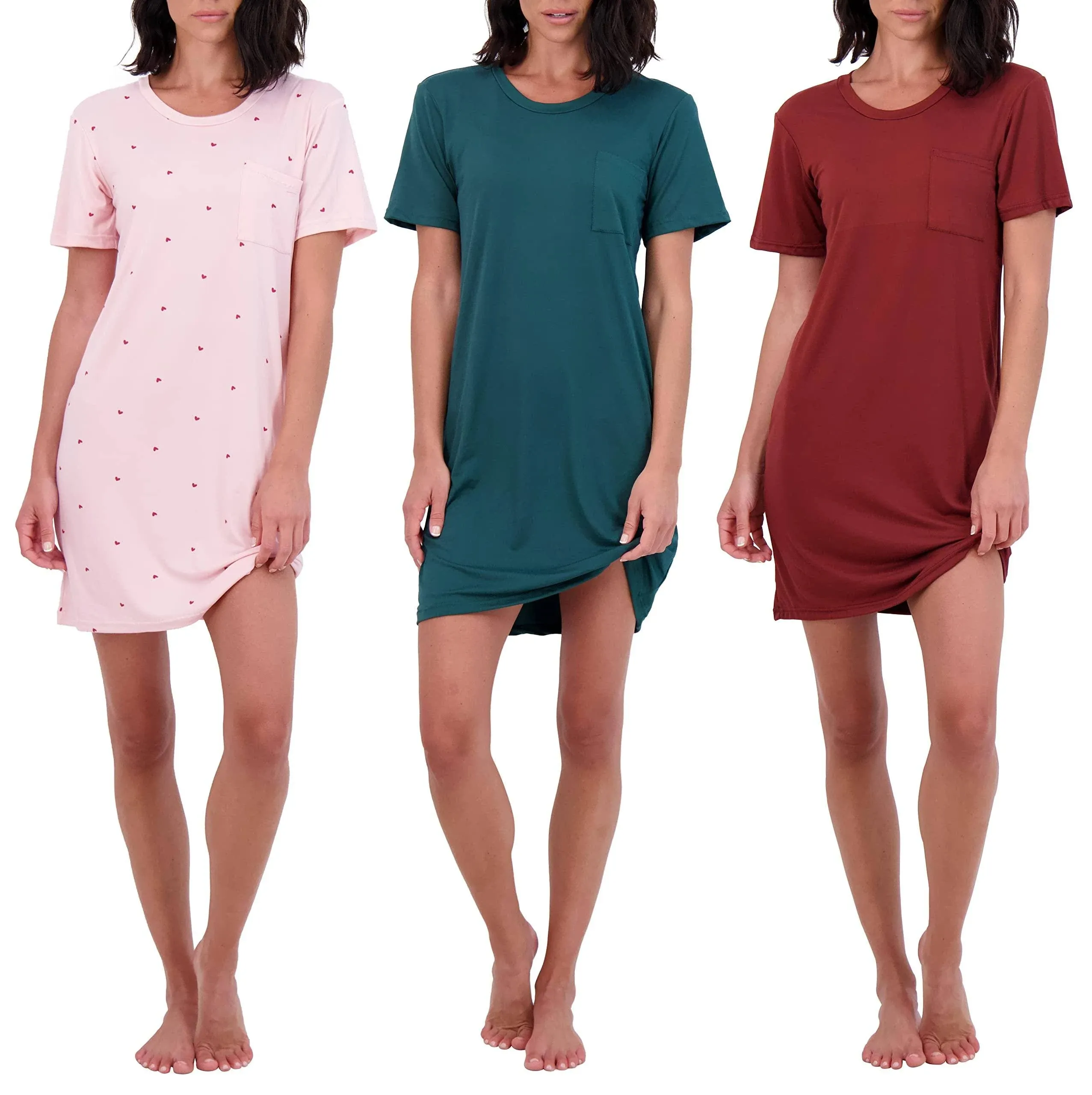 Real Essentials 3 Pack: Women's Nightshirt Short Sleeve Soft Nightgown Sleep Dress with Pocket (Available in Plus Size)