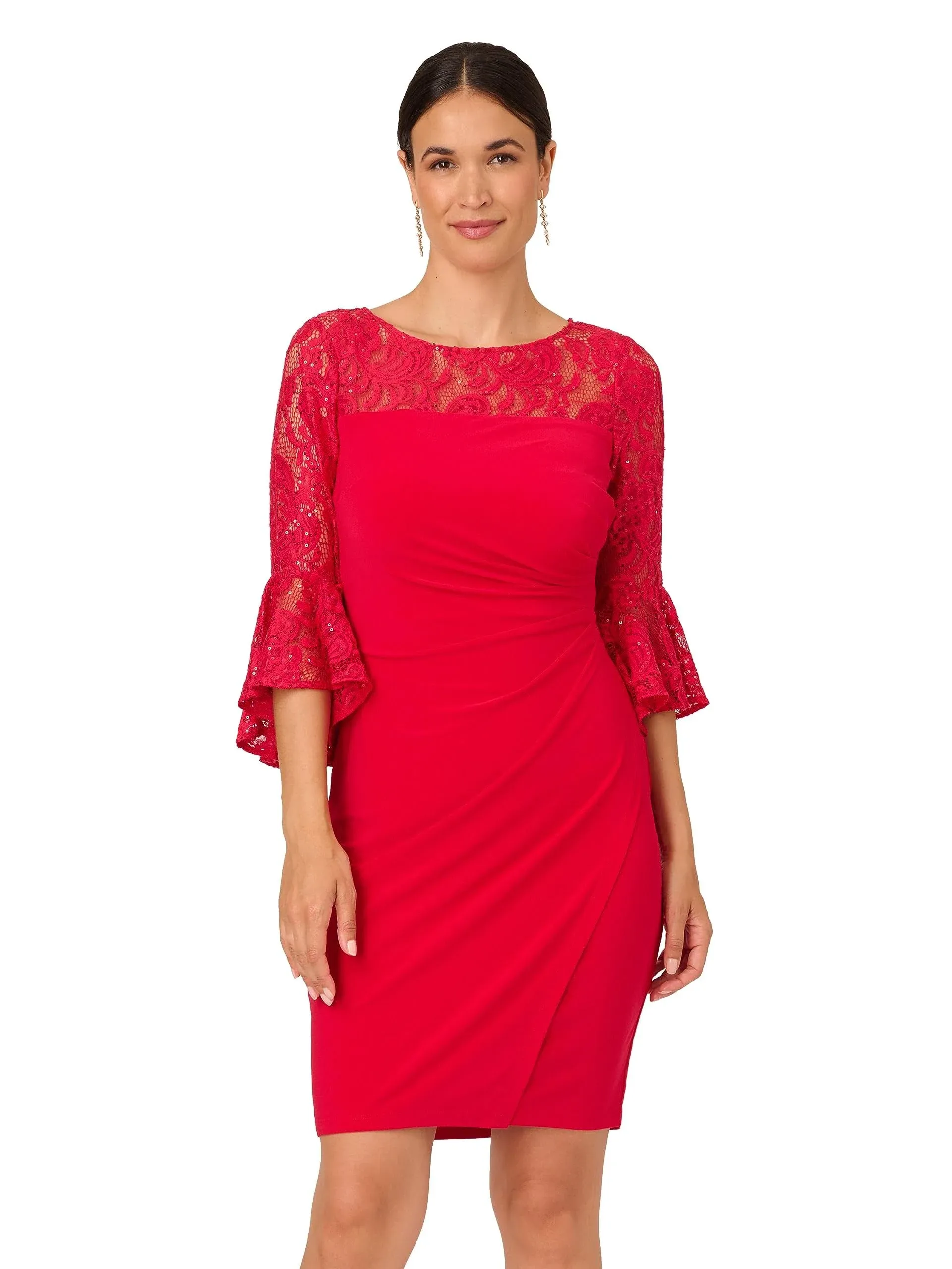 Adrianna Papell Women's Lace-Trim Bell-Sleeve Jersey Dress - Hot Ruby - Size 4