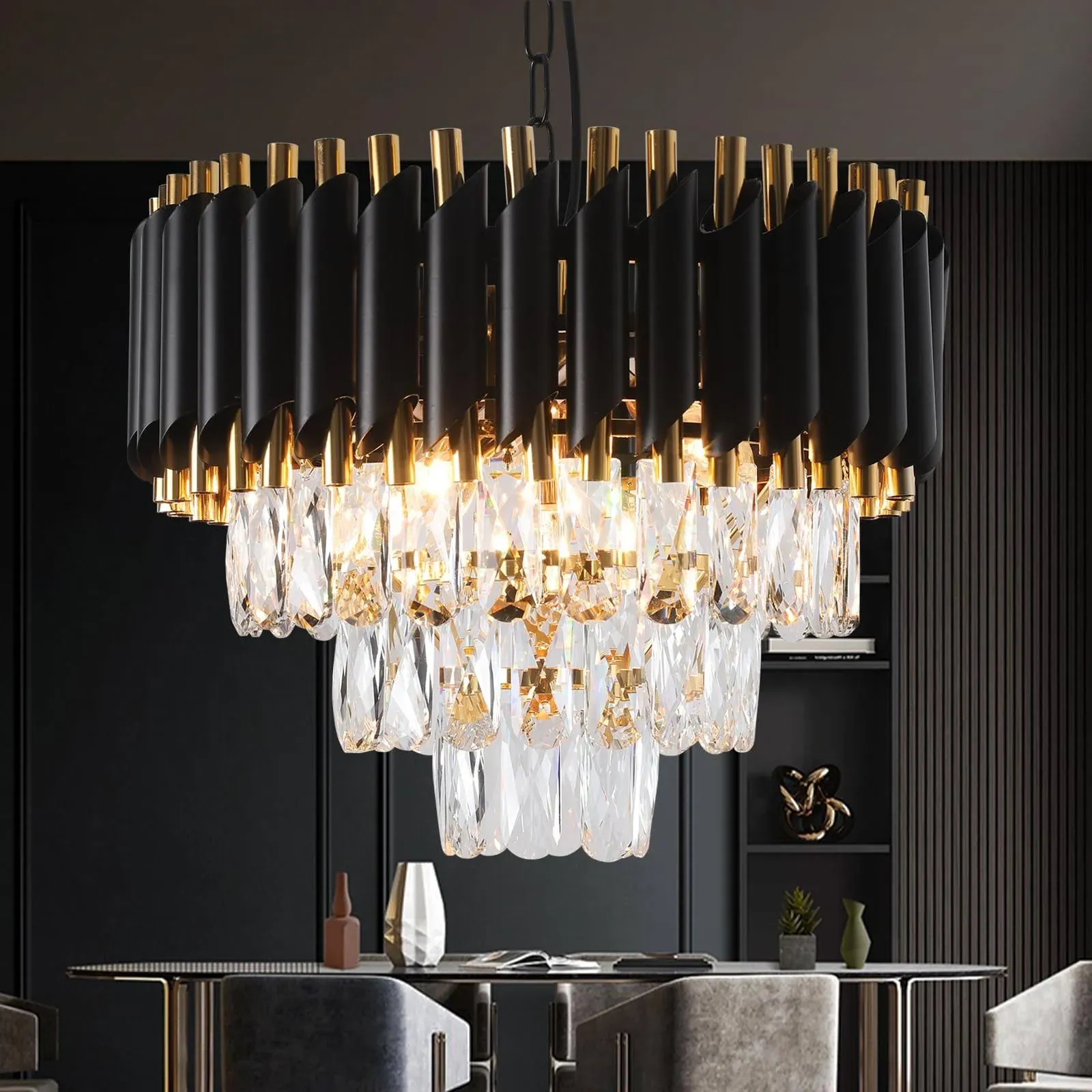 Modern Crystal Chandeliers 15.7”Gold Contemporary Black -W16in 