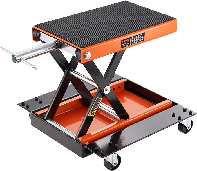 VEVOR Motorcycle Lift, 1100 lbs Motorcycle Lift ATV Scissor Lift Jack with Dolly & Hand Crank, Center Hoist Crank Stand with Wide Deck & Tool Tray